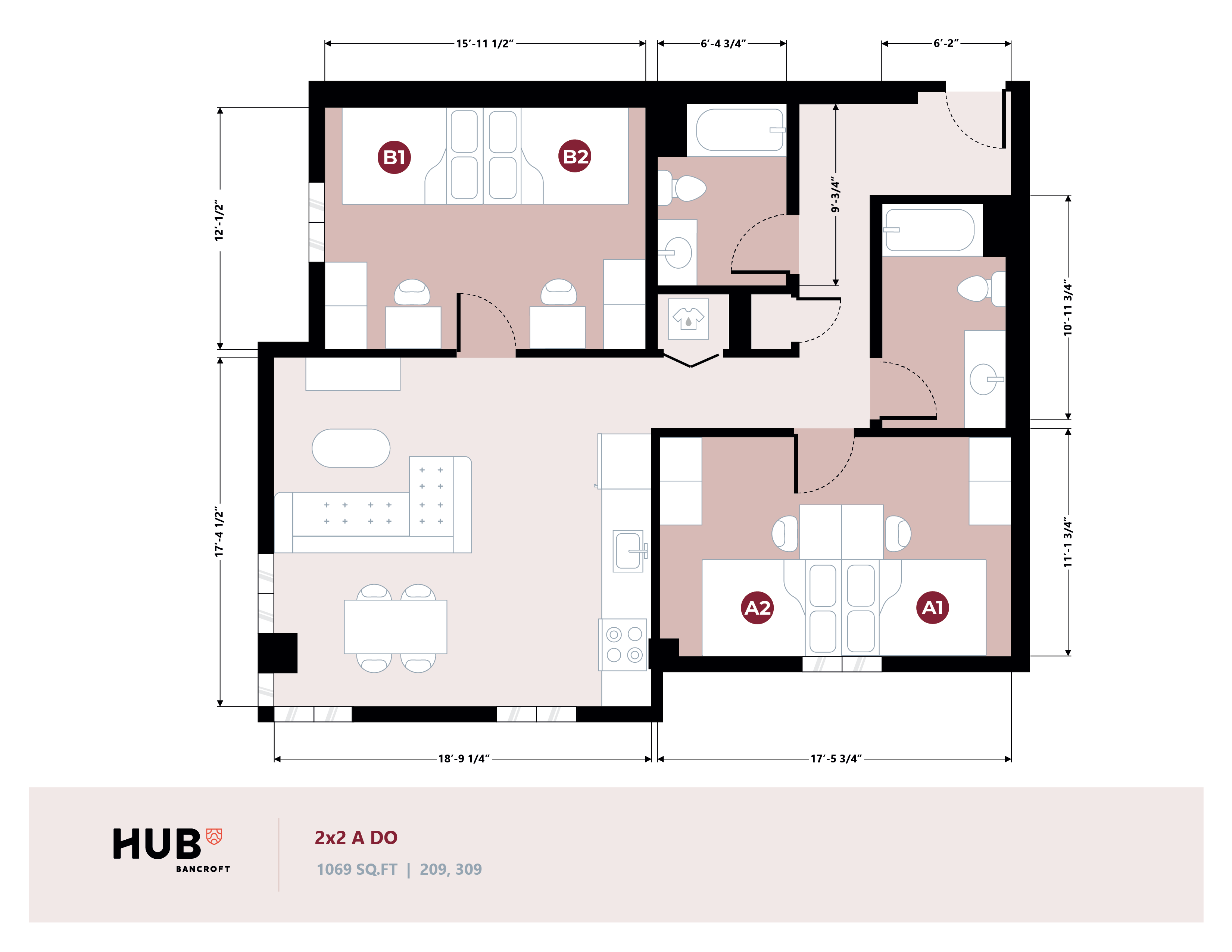 Modern 2D floor plan featuring 2 spacious bedrooms, 2 bathrooms, open living and dining area, and a functional kitchen, spanning 1069 sq ft at HUB Bancroft.