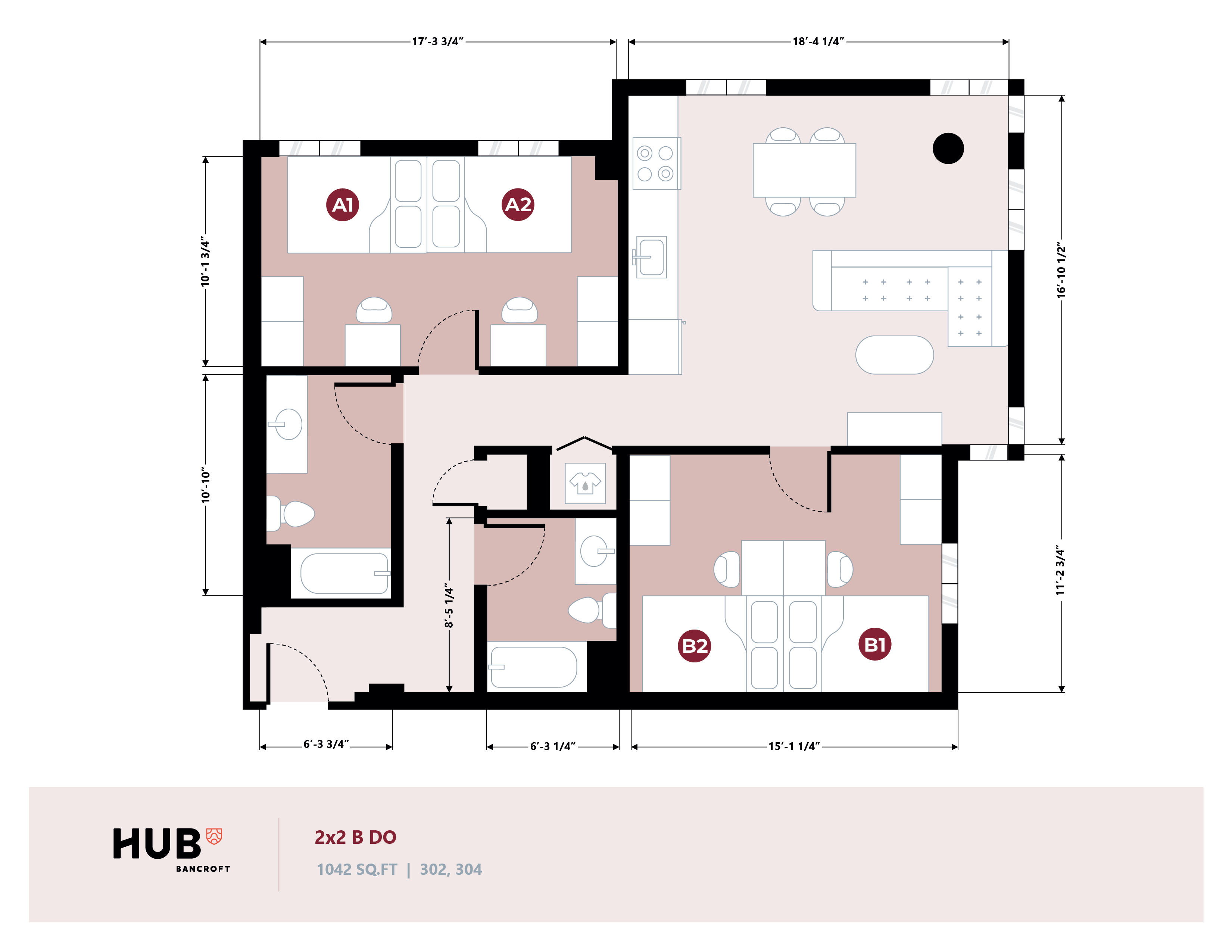 Modern 2-bedroom floor plan at HUB Bancroft featuring an expansive living room, open kitchen, and two bathrooms. Spacious 1042 sq ft layout designed for comfort and style.