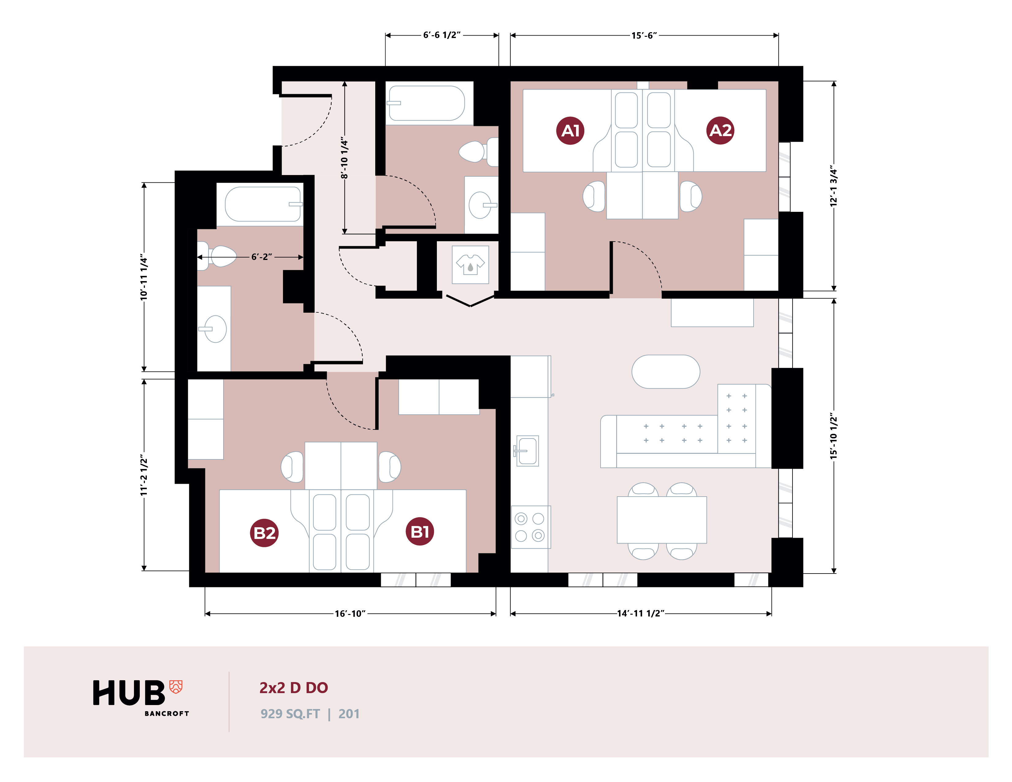 Modern floor plan of a 2x2 apartment at Hub Bancroft, featuring two spacious bedrooms, two bathrooms, an open-concept living and dining area, and a well-appointed kitchen, spread over 929 sq ft.