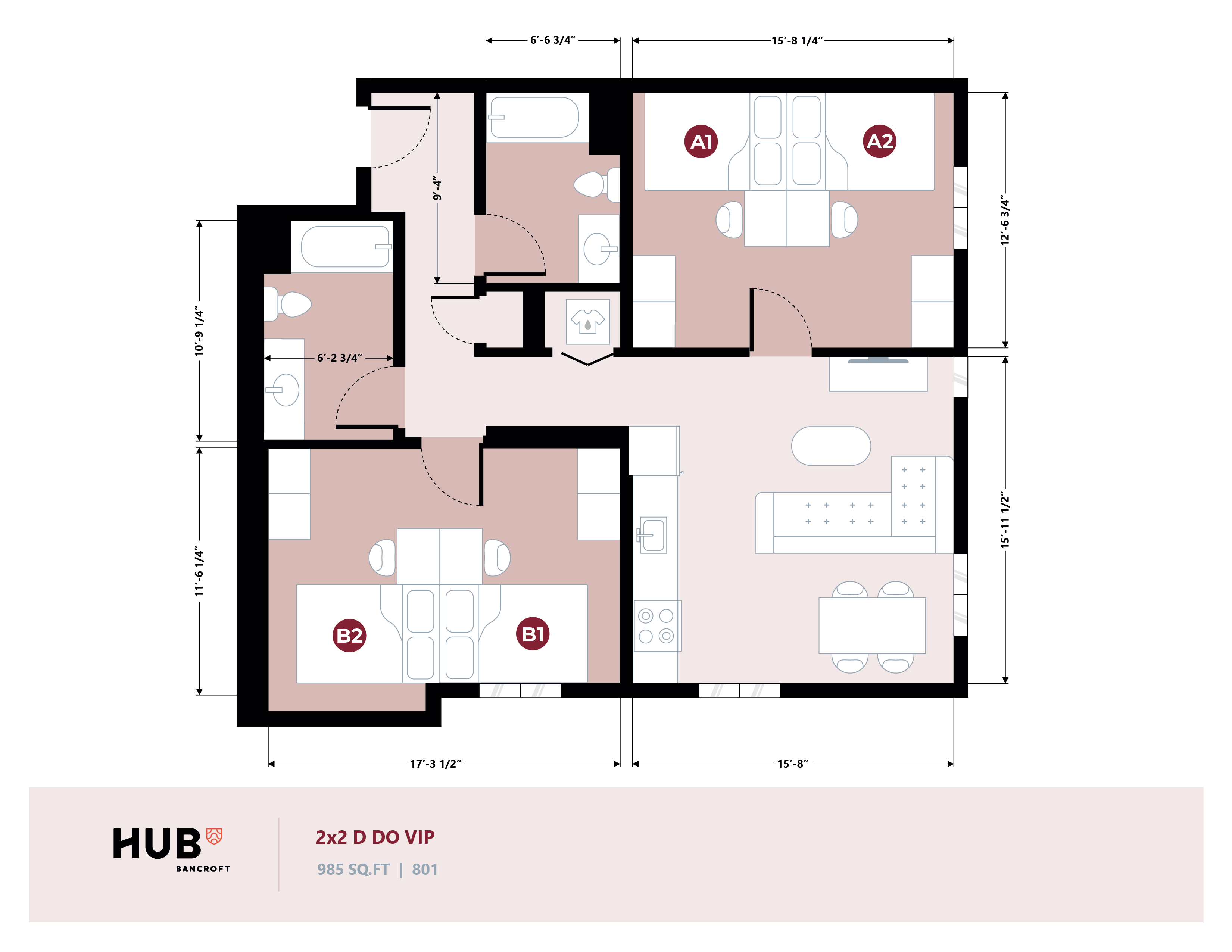 Modern 2D floor plan featuring a 2x2 layout with two spacious bedrooms, elegant living area, and a contemporary kitchen. Total area of 985 sq ft at HUB Bancroft.