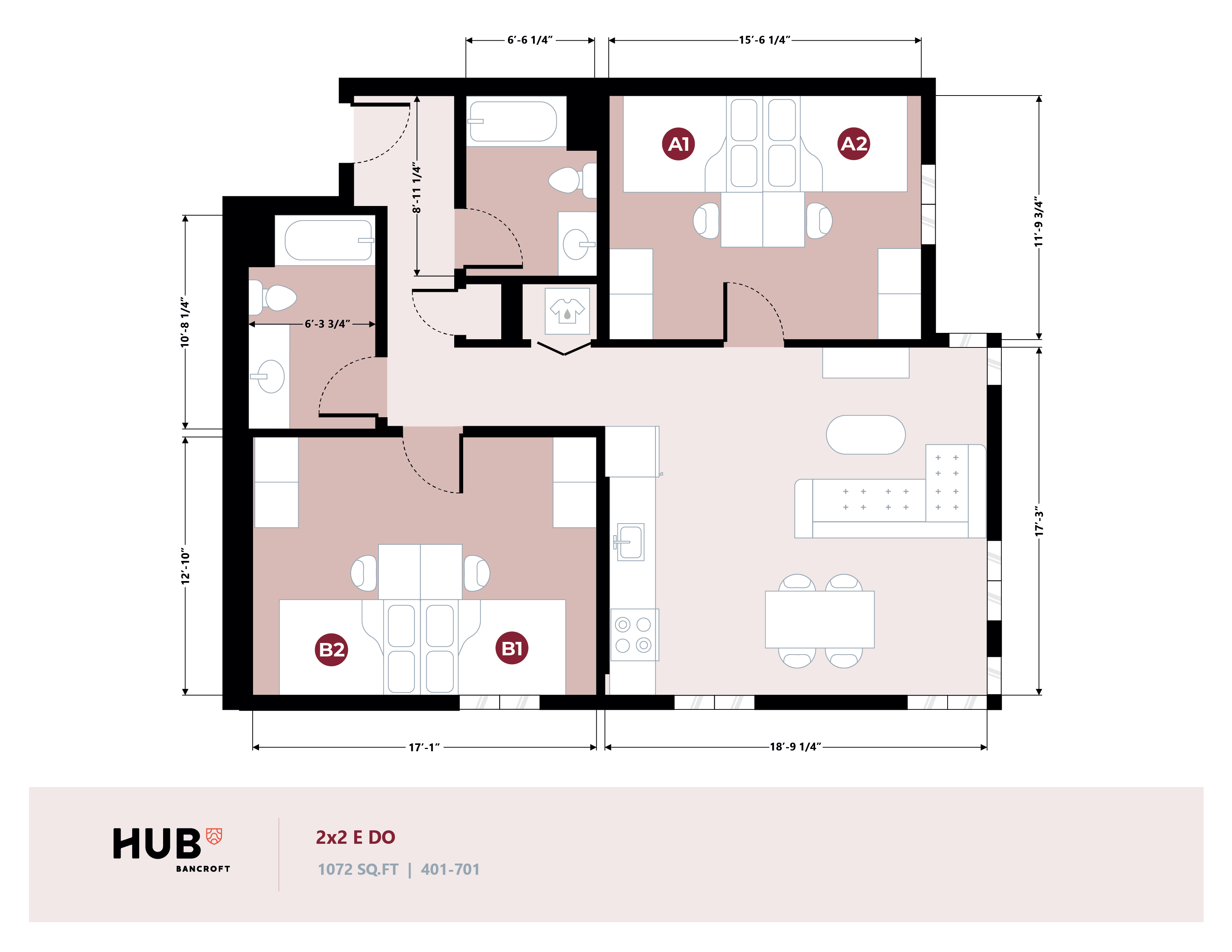 Modern 2x2 floor plan featuring spacious 1072 sq ft layout, two bedrooms, elegant kitchen, and open living area at Hub Bancroft.