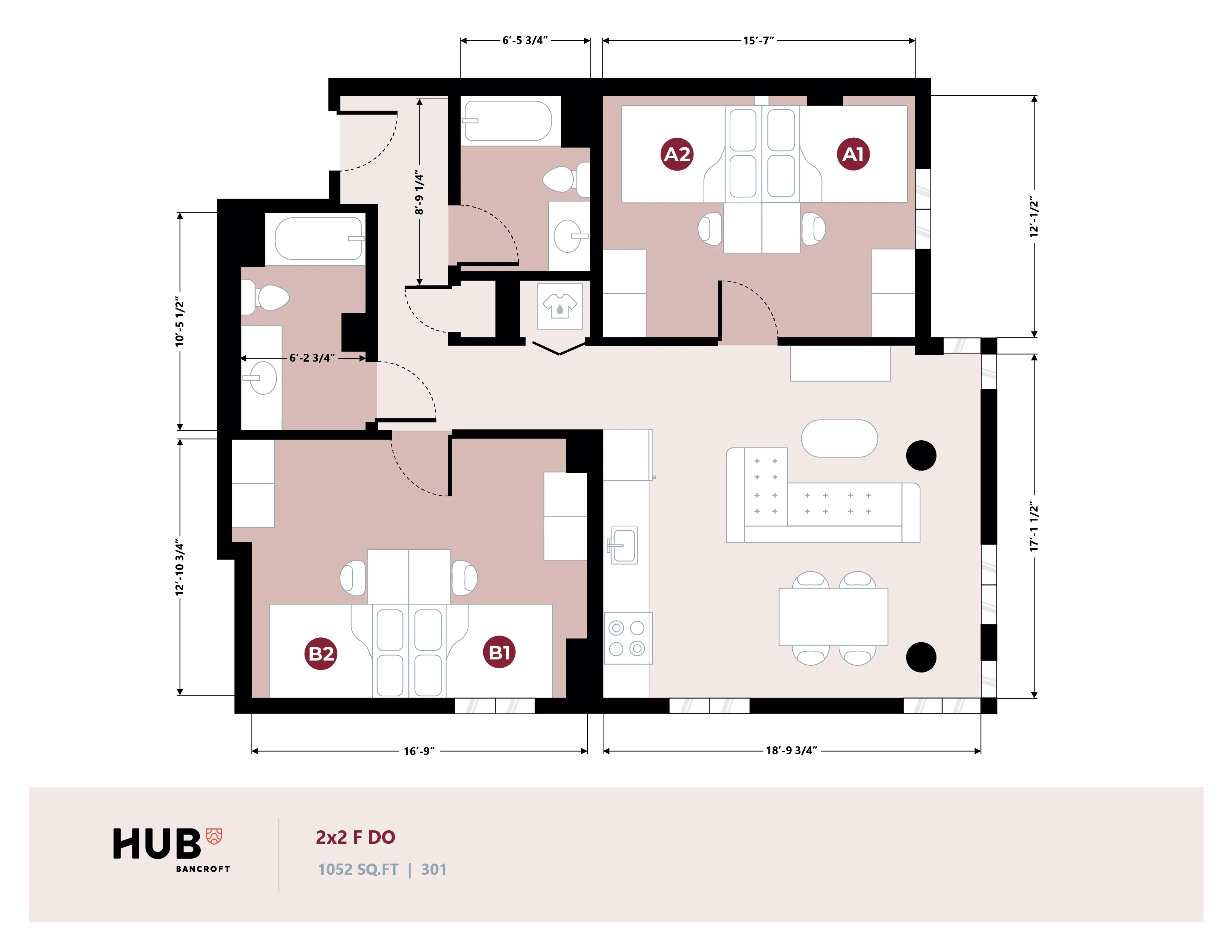 Modern 2-bedroom floor plan at HUB Bancroft featuring a spacious open-concept living and dining area, 2 bathrooms, and a kitchen, measuring 1052 sq ft.