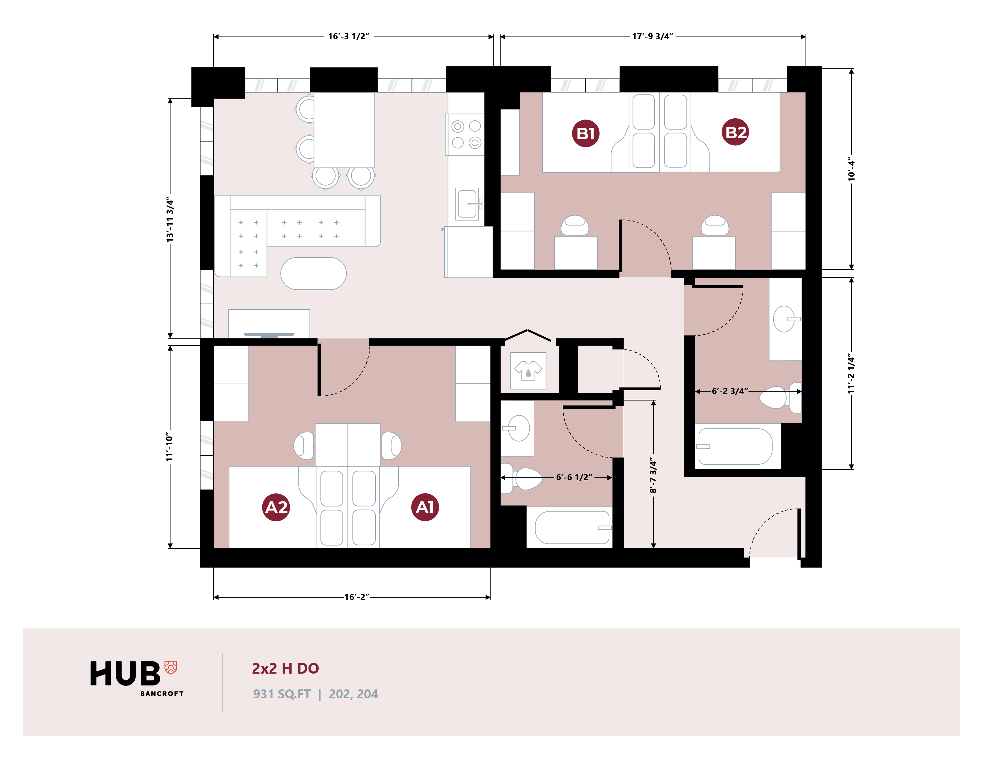 Contemporary floor plan showcasing a 2-bedroom, 2-bathroom layout with an open-concept kitchen and inviting living area, spanning 931 square feet.
