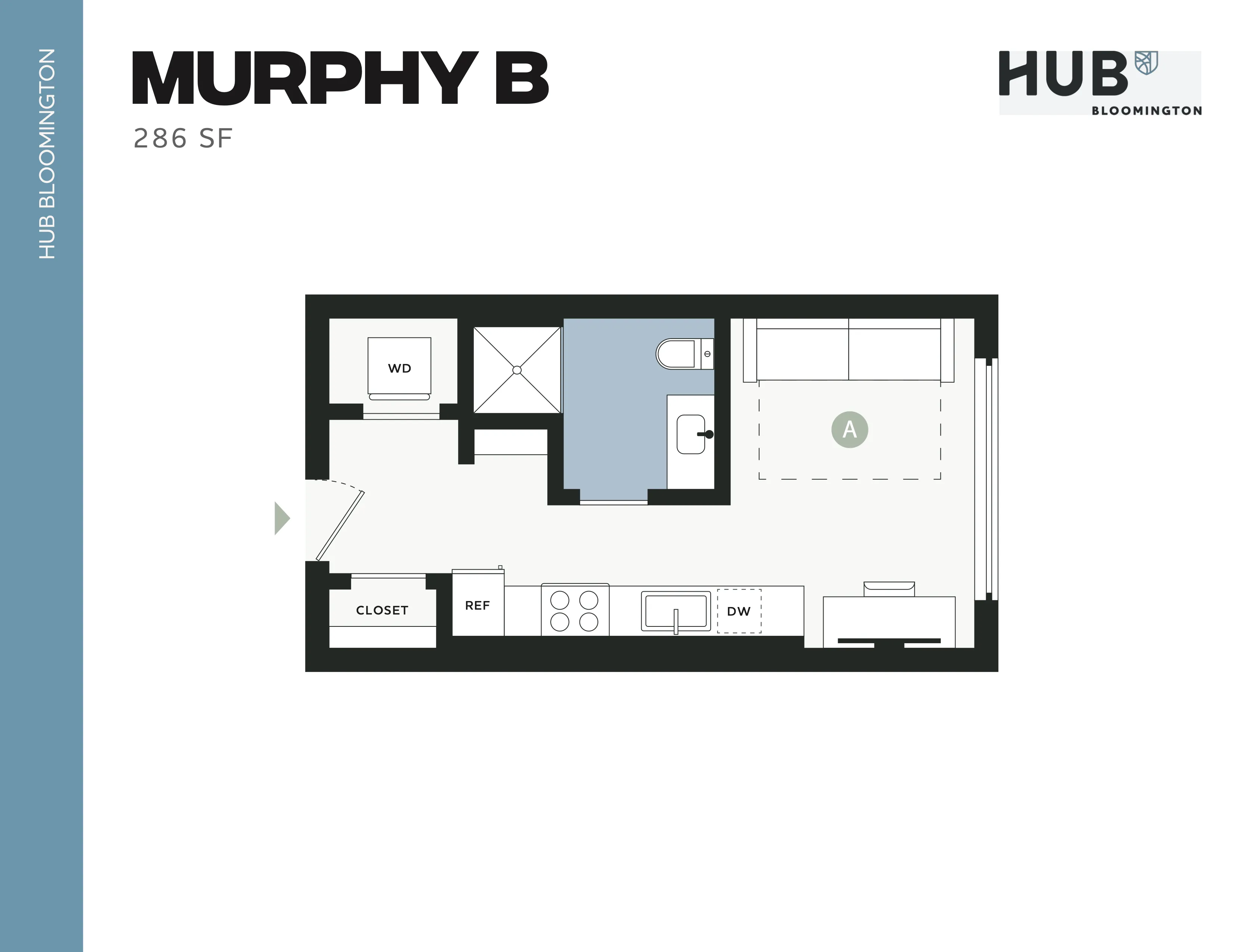 Murphy B compact studio floor plan with modern design in 286 sq ft, featuring cozy living area, kitchen with dishwasher, closet, and washer-dryer at Hub Bloomington.