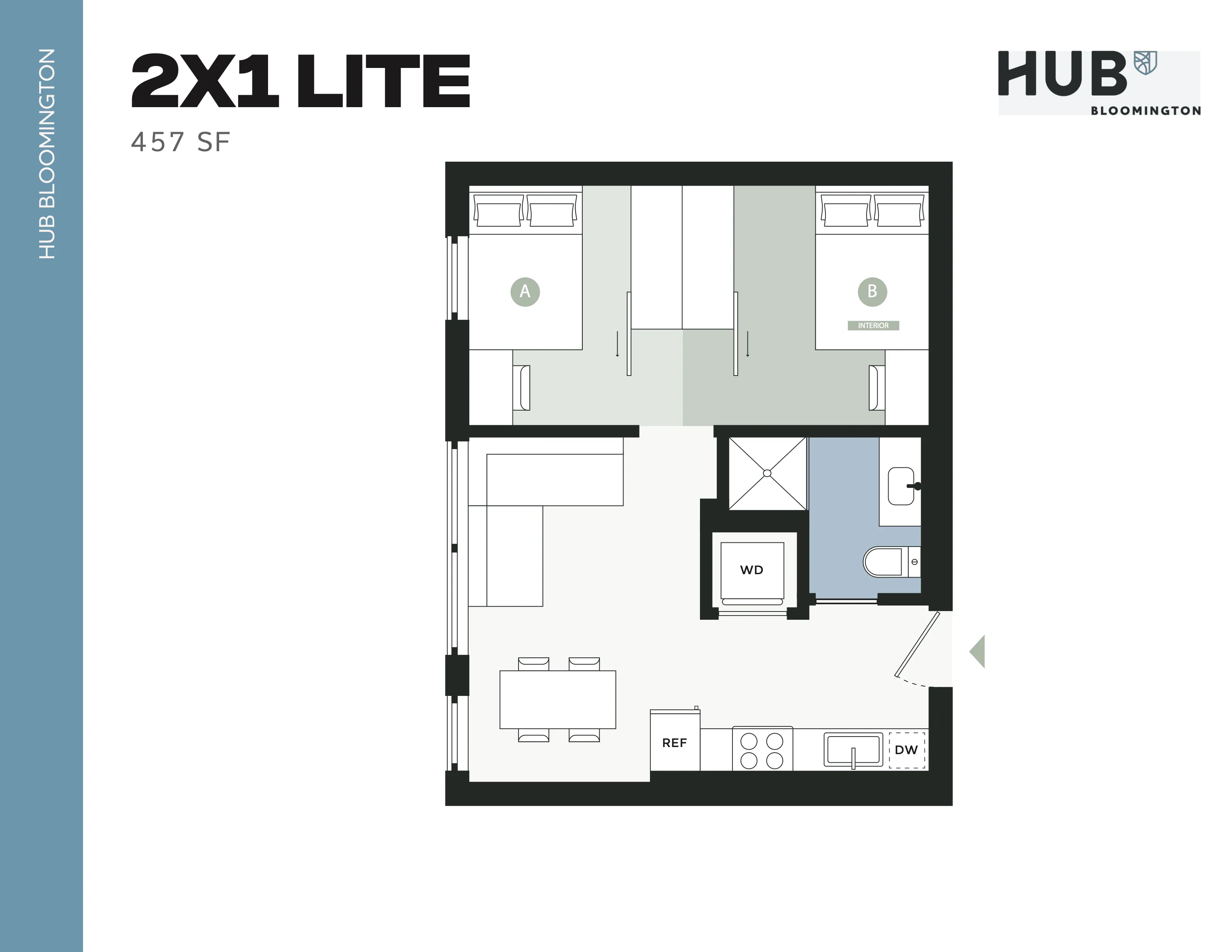 Modern 2X1 Lite floor plan at Hub Bloomington featuring 457 sq ft with two cozy bedrooms, efficient kitchen, and inviting living area.