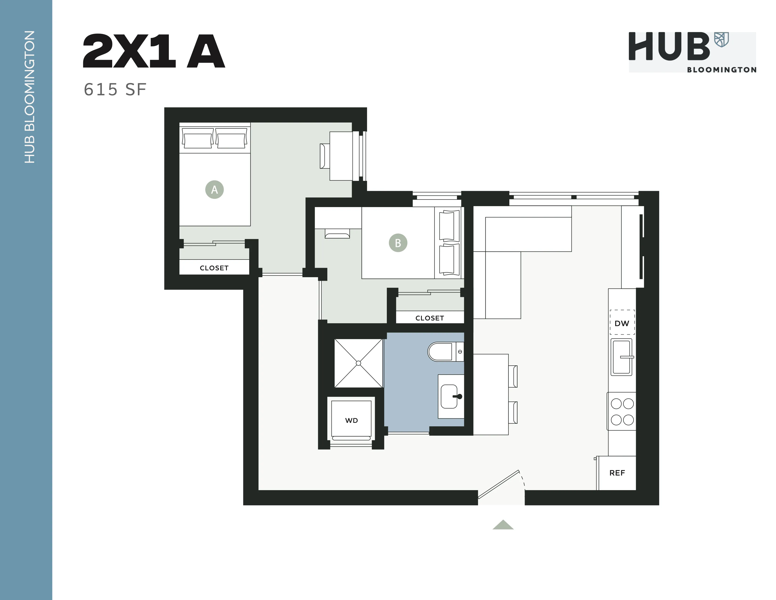Modern 2X1 A floor plan at Hub Bloomington featuring 615 sq ft, 2 cozy bedrooms, and an open-concept living area with a stylish kitchen.