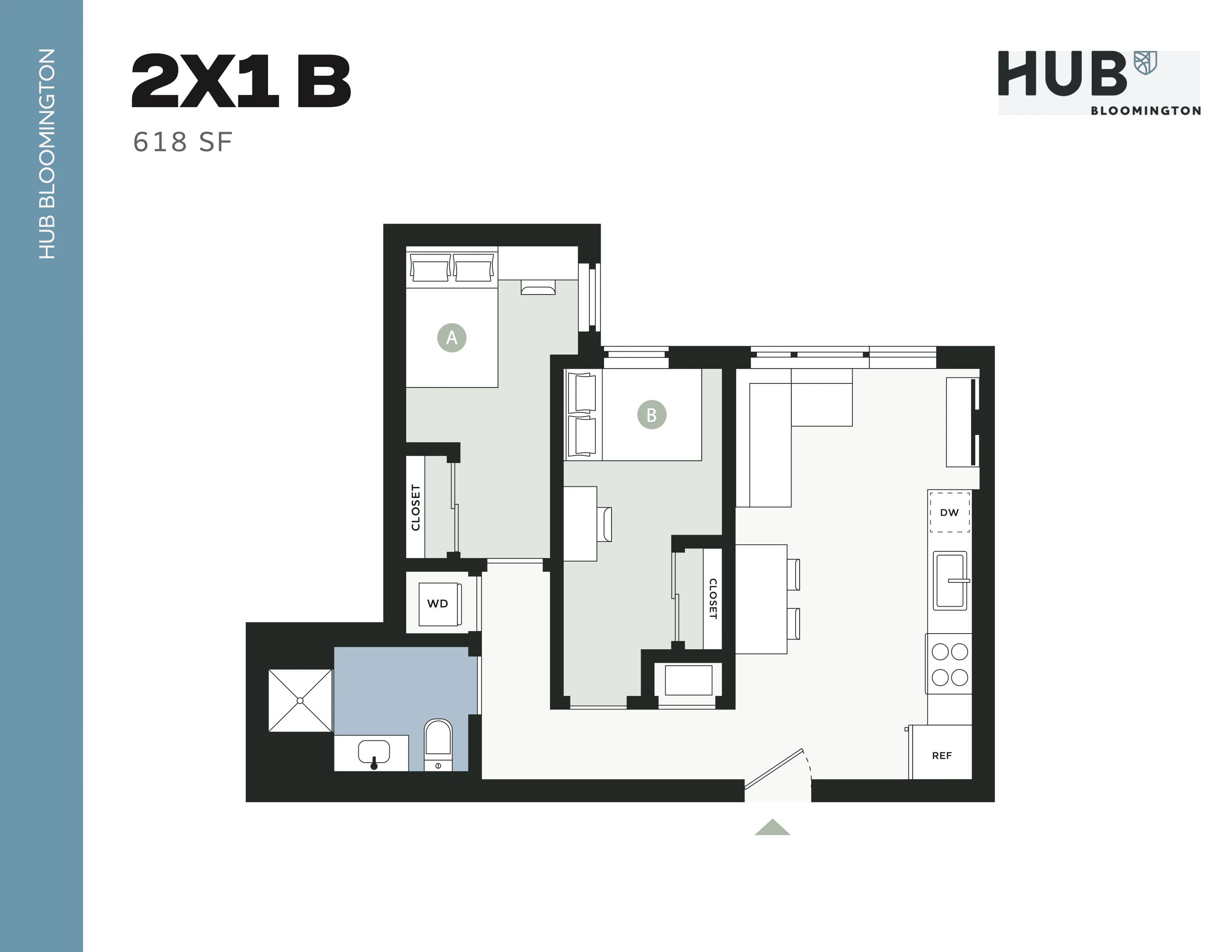 Modern floor plan for a 618 sq ft apartment featuring 2 bedrooms, open living space, and efficient kitchen design at Hub Bloomington.