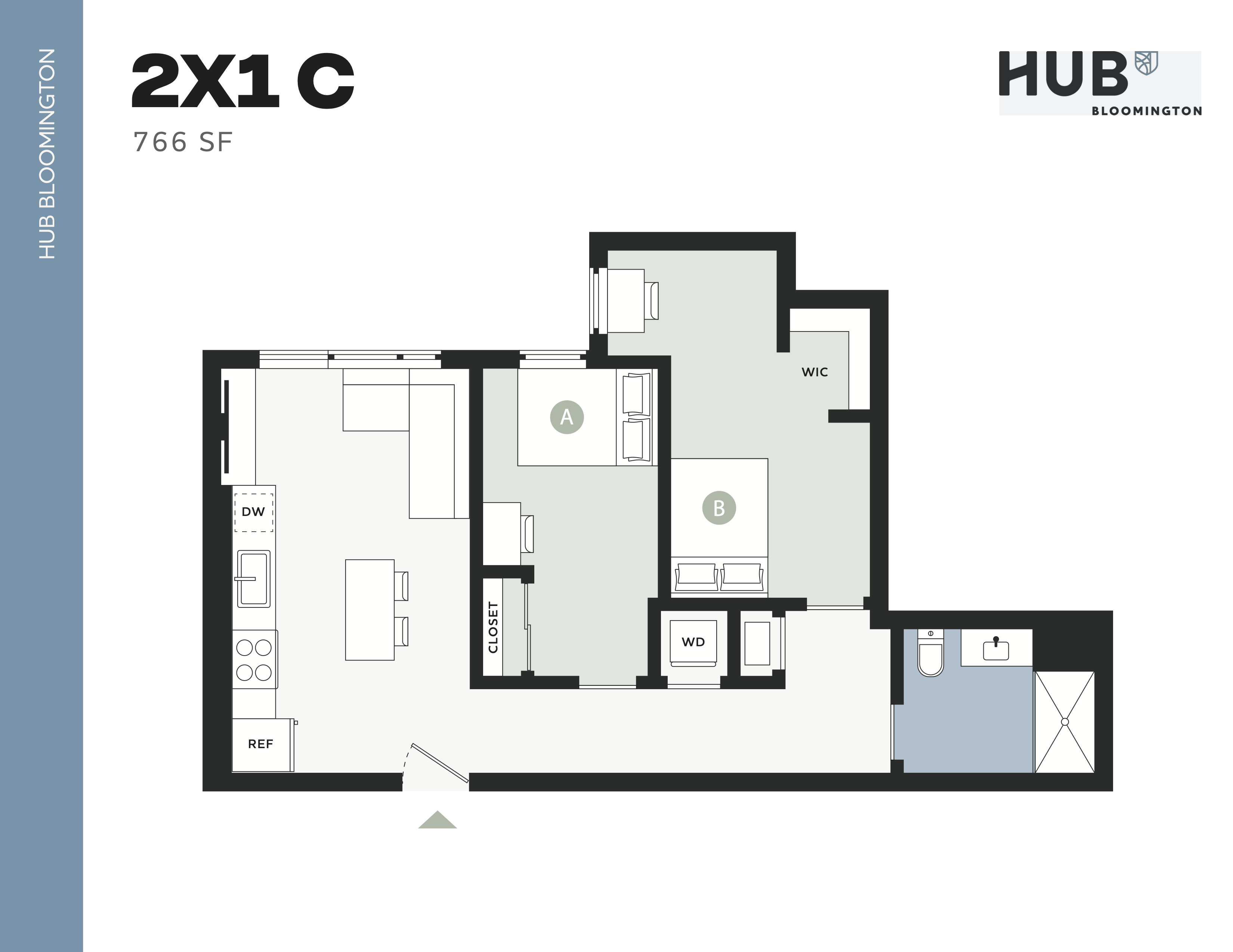 Modern floor plan for Hub Bloomington, 766 sq ft, featuring 2 bedrooms, a spacious living area, kitchen, and walk-in closet.