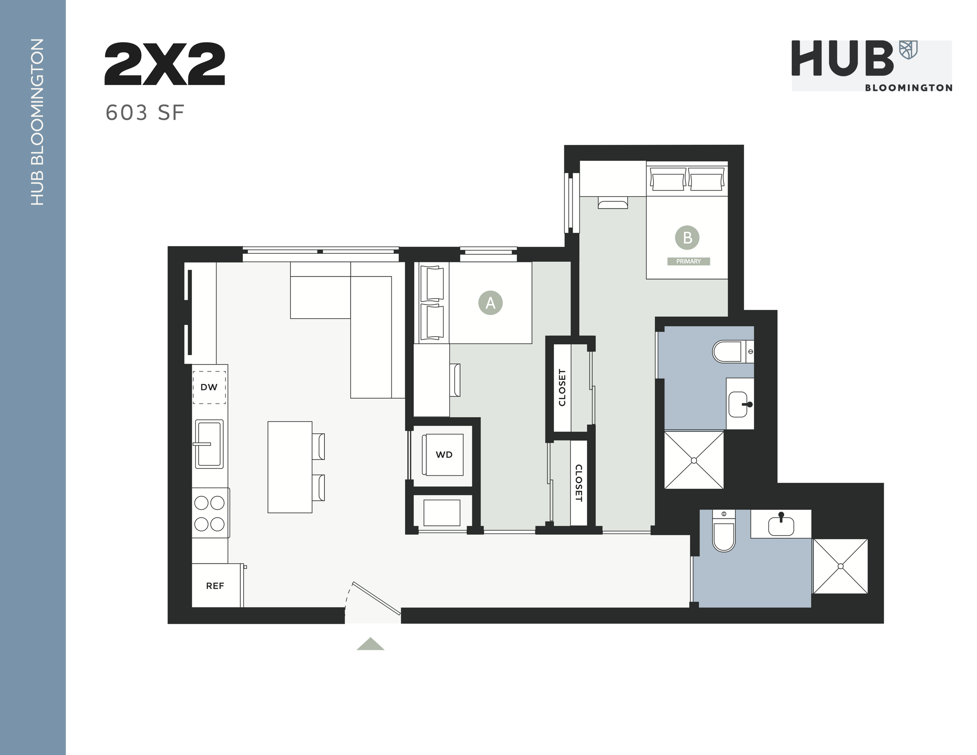 Modern 2D floor plan of a 2x2 apartment with 603 sq ft at HUB Bloomington, featuring two bedrooms, two bathrooms, an inviting living space, and a sleek kitchen.