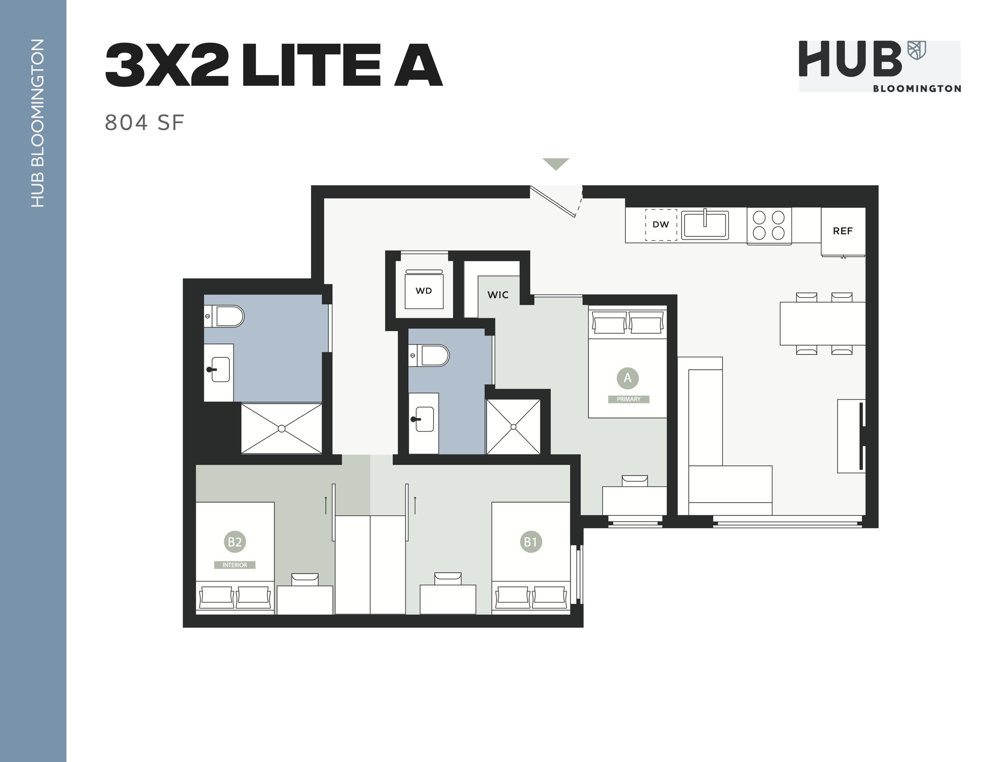 Modern 3x2 Lite A floor plan with elegant design, featuring three bedrooms, two baths, a spacious open-concept kitchen-dining area, and a separate laundry closet in 804 sq ft.
