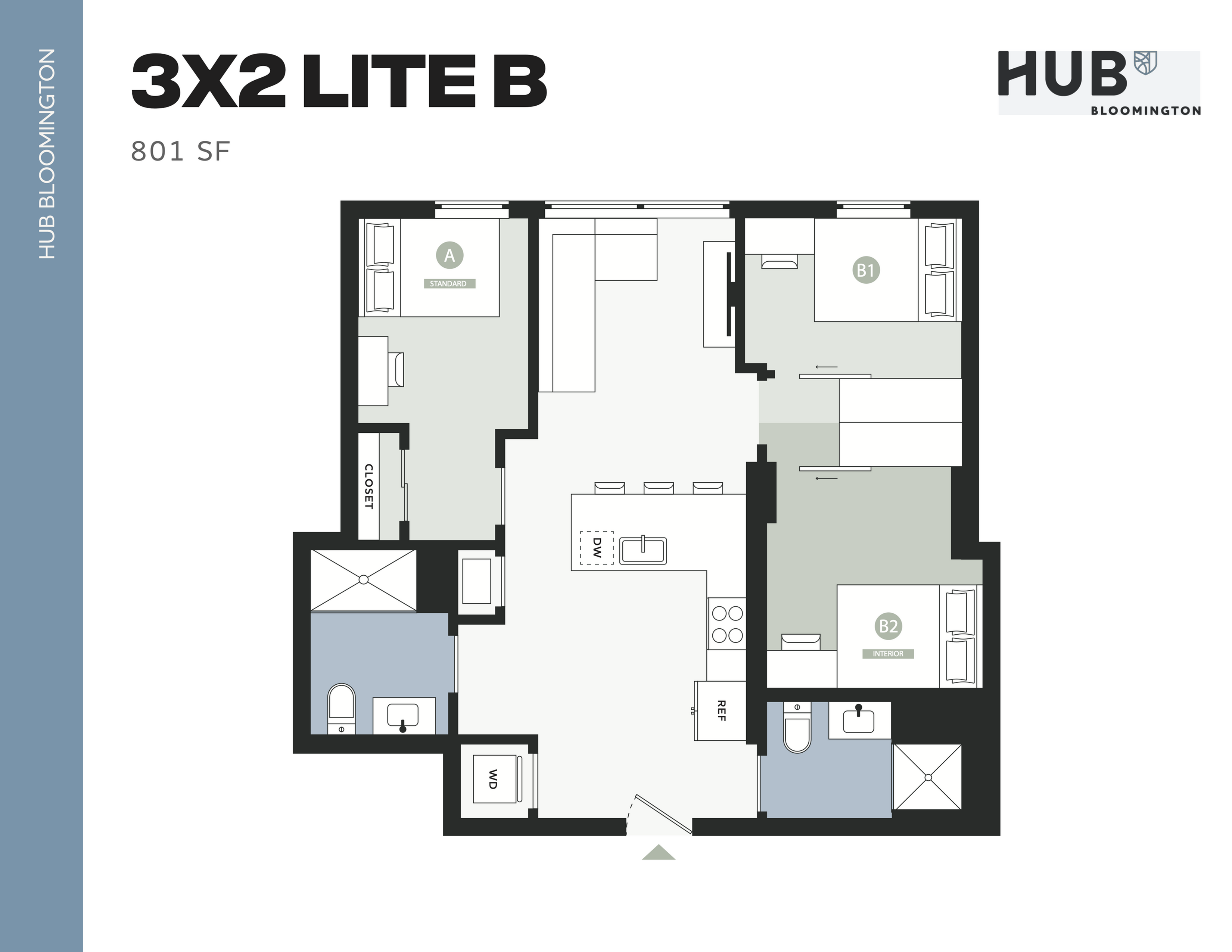 Modern 3x2 Lite B floor plan featuring 3 bedrooms, 2 bathrooms, and an open kitchen and living area in 801 sq ft at Hub Bloomington.