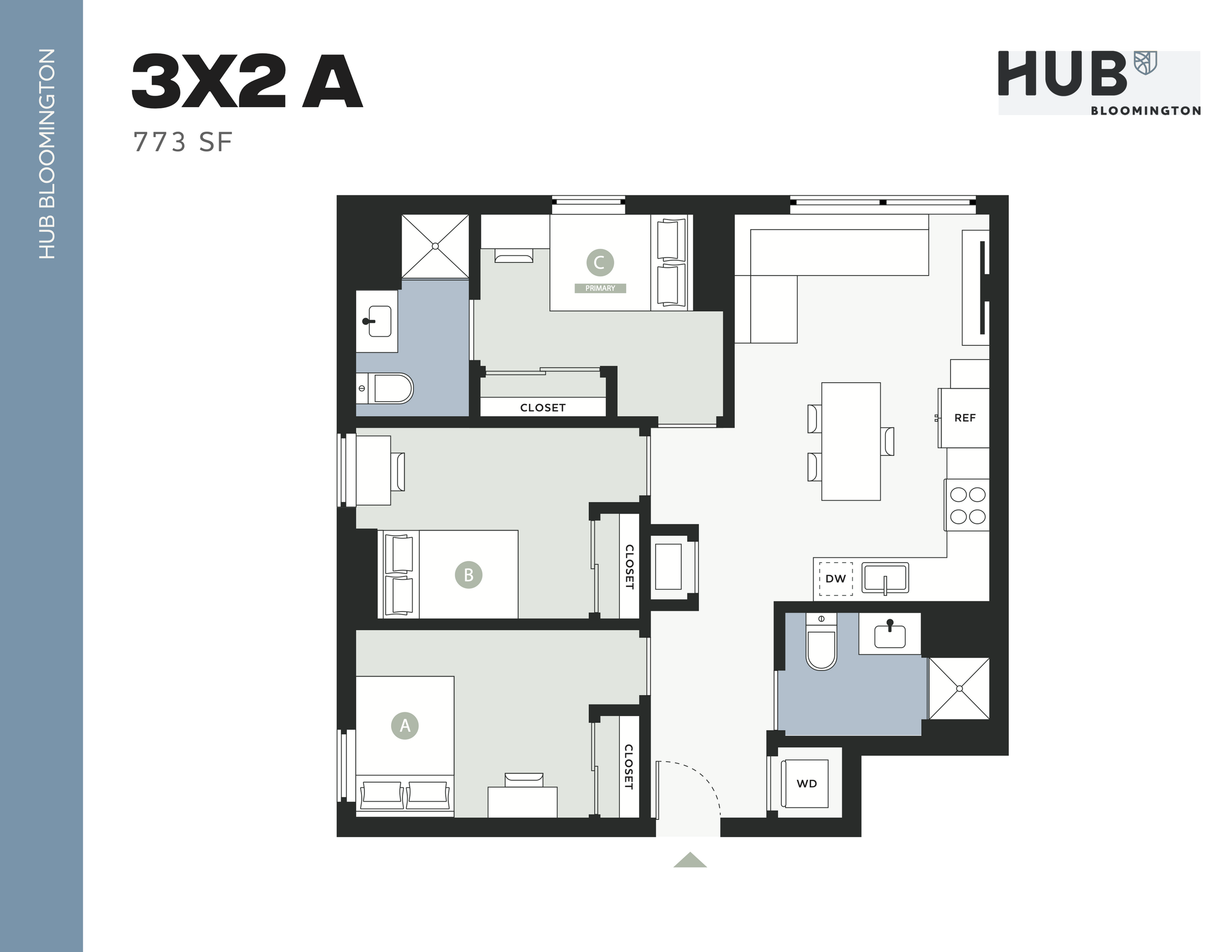 Contemporary 3-bedroom, 2-bathroom floor plan at Hub Bloomington, featuring an open kitchen and living area in 773 sq ft.