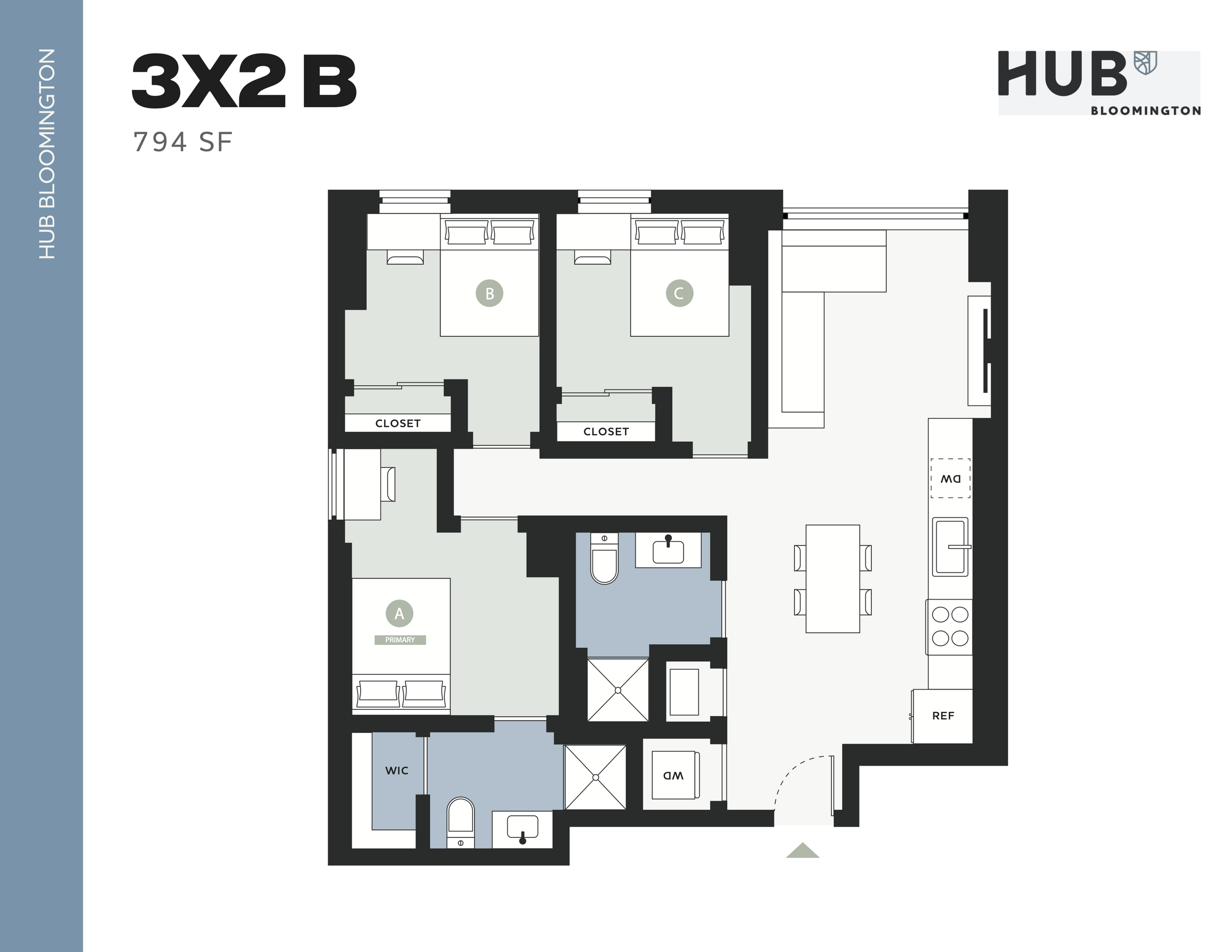Modern 3-bedroom, 2-bath floor plan at HUB Bloomington, featuring an open living area and efficient kitchen layout in 794 sq ft.