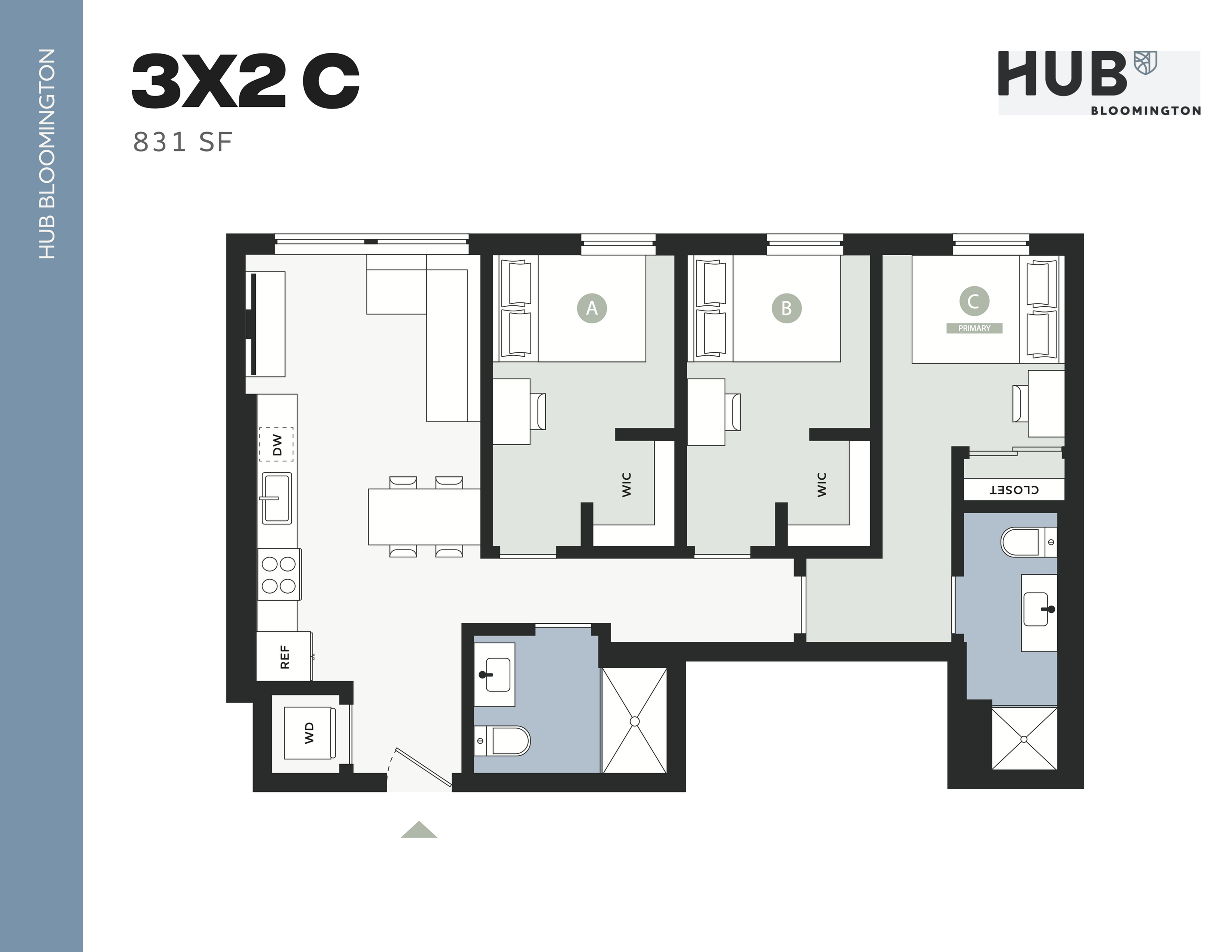 Modern 3-bedroom apartment floor plan at Hub Bloomington, featuring 831 sq ft with an open-concept kitchen and living area, walk-in closets, and two stylish bathrooms.