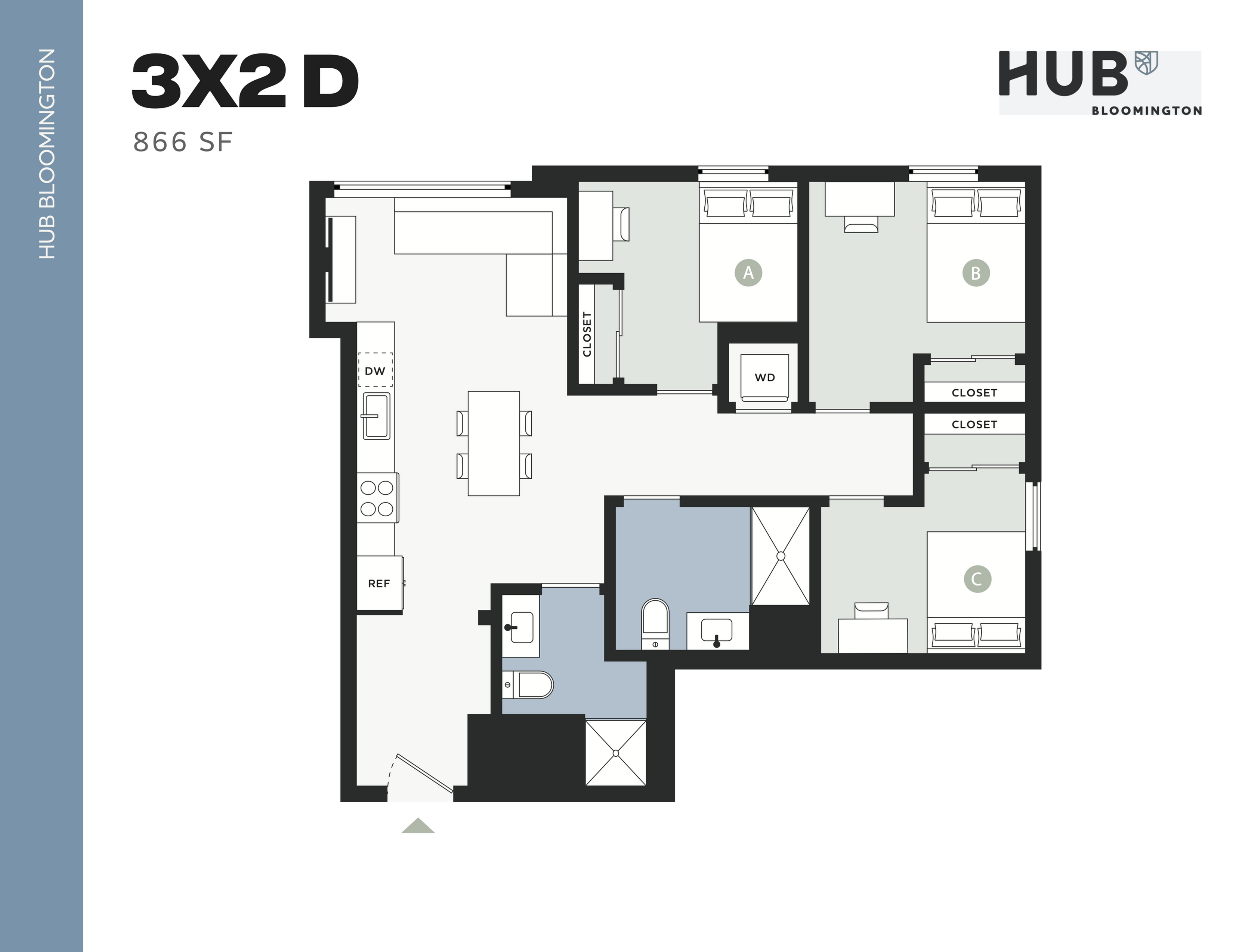 Modern floor plan of a 3-bedroom, 2-bathroom apartment with spacious open-concept living and dining area, located in HUB Bloomington, 866 sq ft.