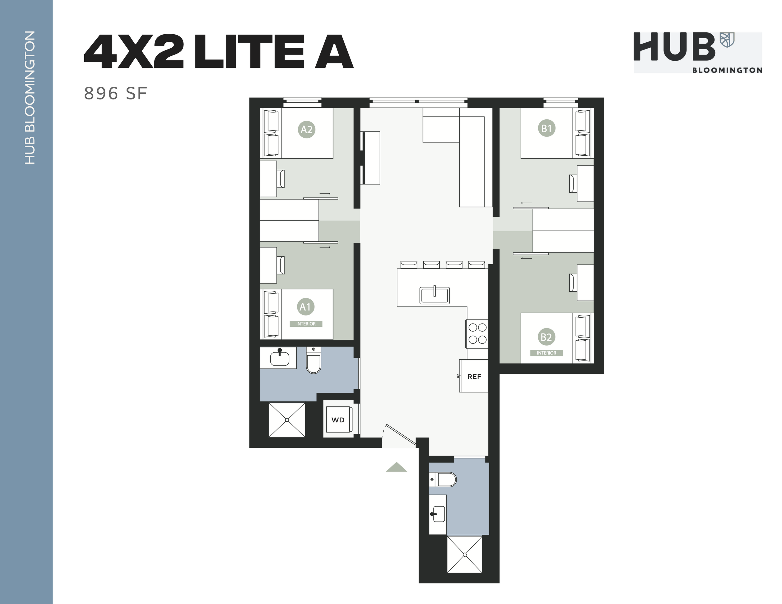 Modern 4X2 Lite A floor plan at HUB Bloomington featuring four cozy bedrooms, stylish open-concept living and kitchen area, and well-appointed bathrooms within 896 sq ft.