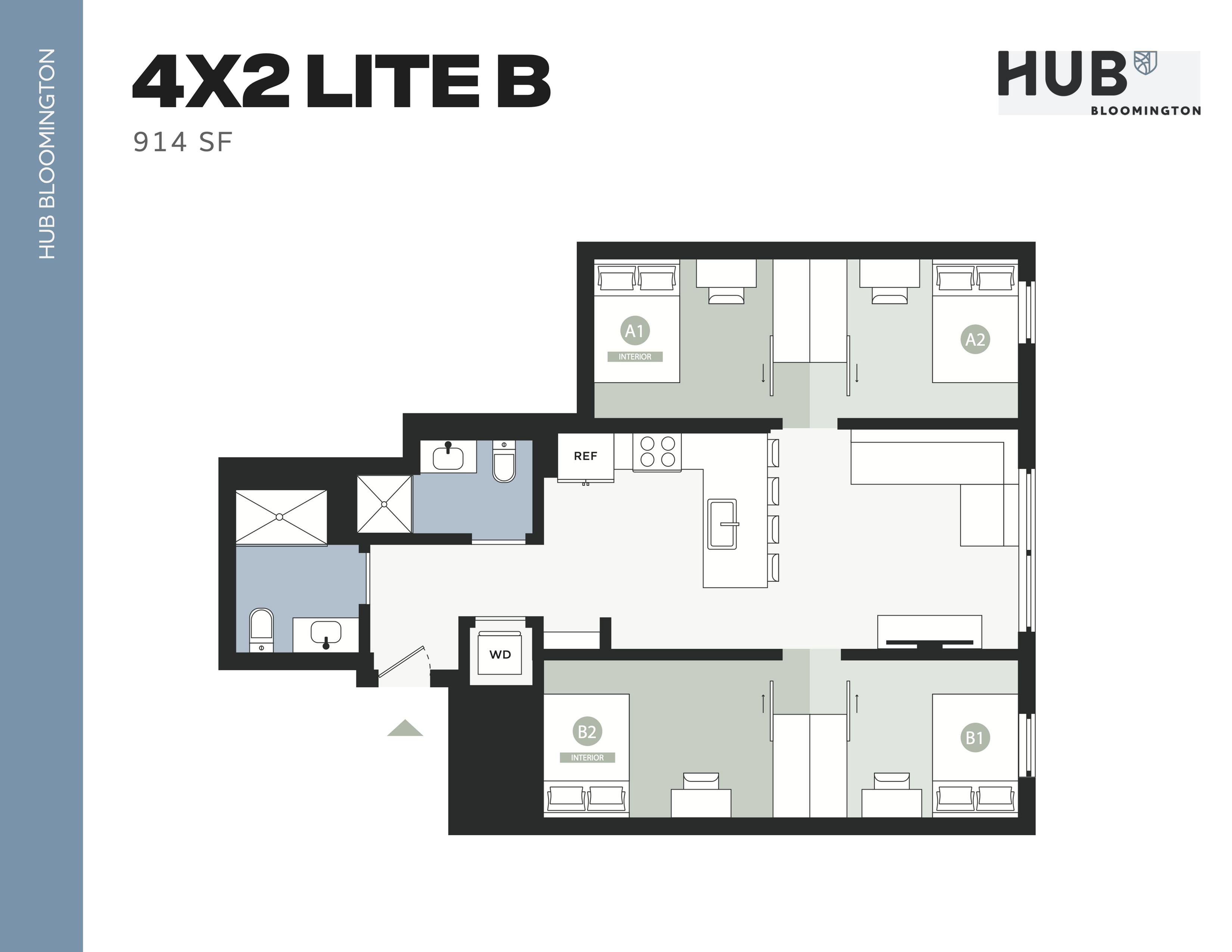 Modern 4x2 Lite B floor plan at Hub Bloomington, featuring 4 bedrooms, spacious living area, and 914 sq ft of stylish living space.