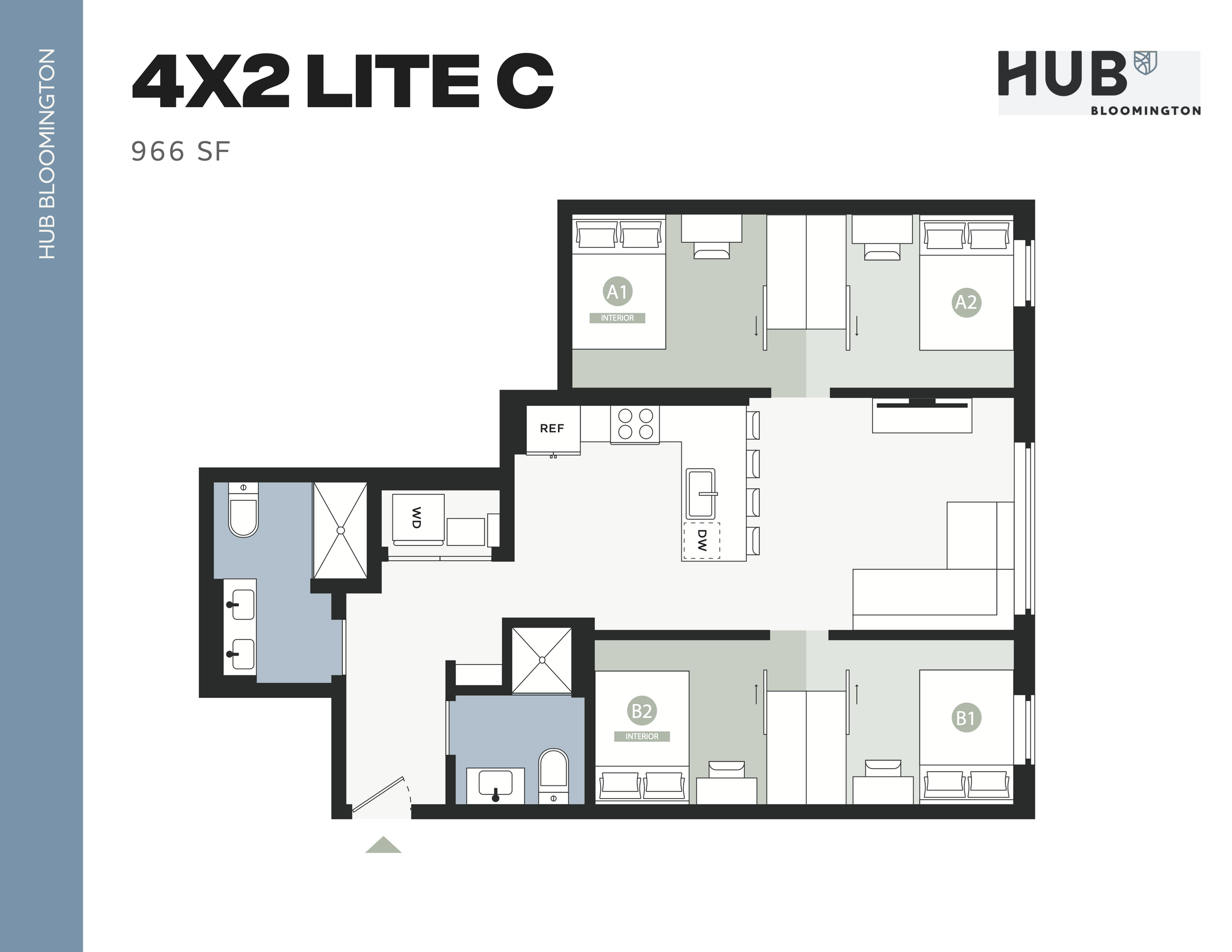 Modern 4X2 Lite C floor plan at Hub Bloomington featuring 4 bedrooms, spacious living area, and sleek kitchen, 966 sq ft.