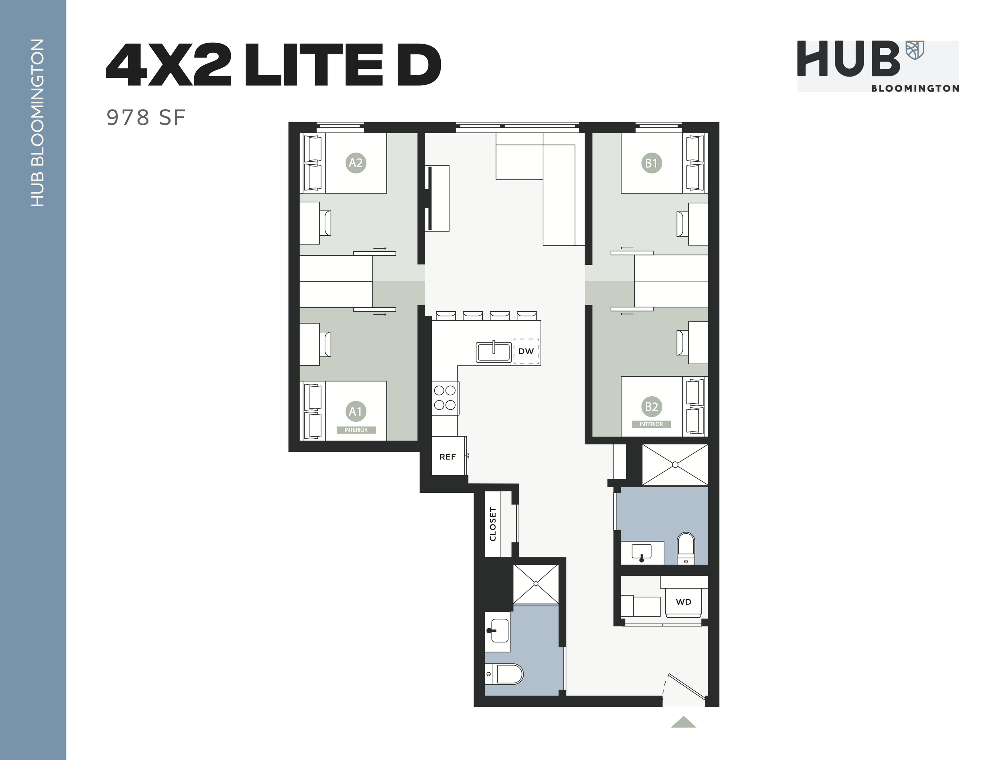 Modern floor plan of a 4-bedroom apartment in Hub Bloomington, 978 sq ft, featuring a central living area and efficient kitchen layout.