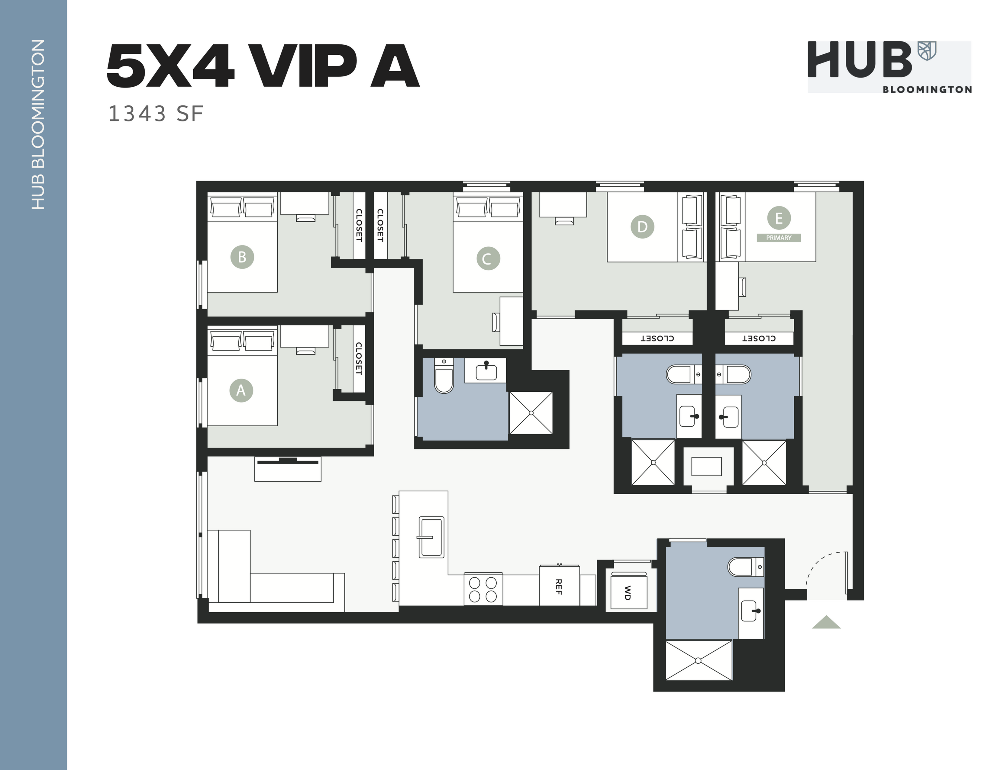Spacious 5-bedroom, 4-bath apartment floor plan at HUB Bloomington, featuring a modern kitchen and cozy living area, totaling 1343 sq ft.