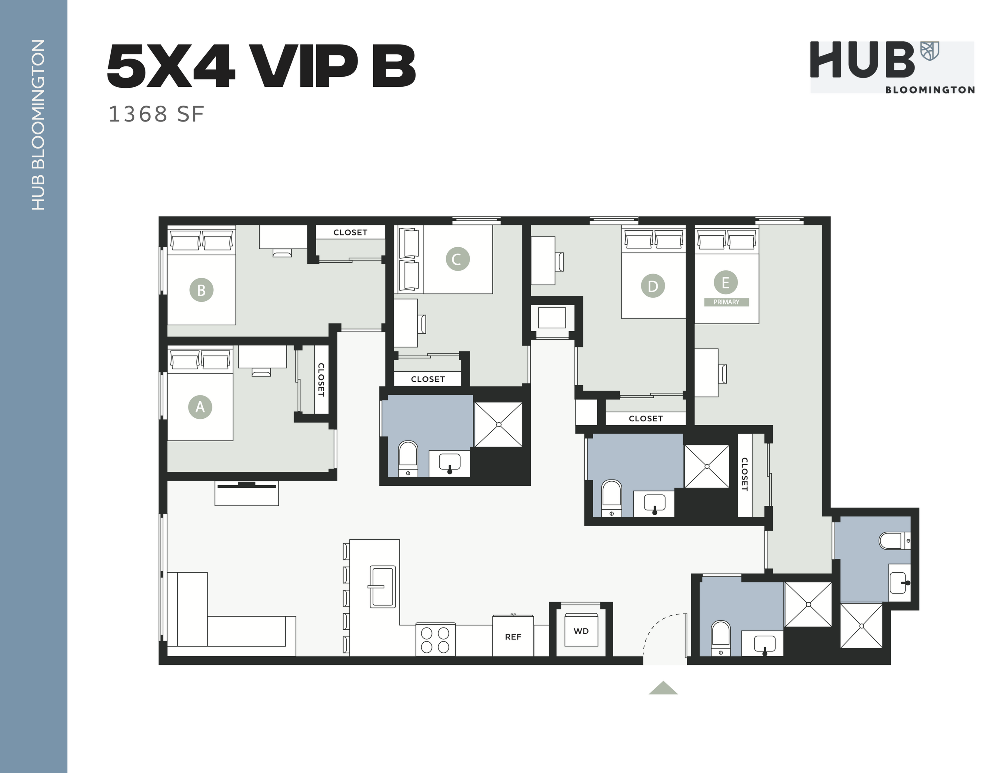 Modern 5x4 VIP B floor plan with 5 bedrooms, spacious open-concept kitchen and living area, 1368 sq ft at Hub Bloomington.