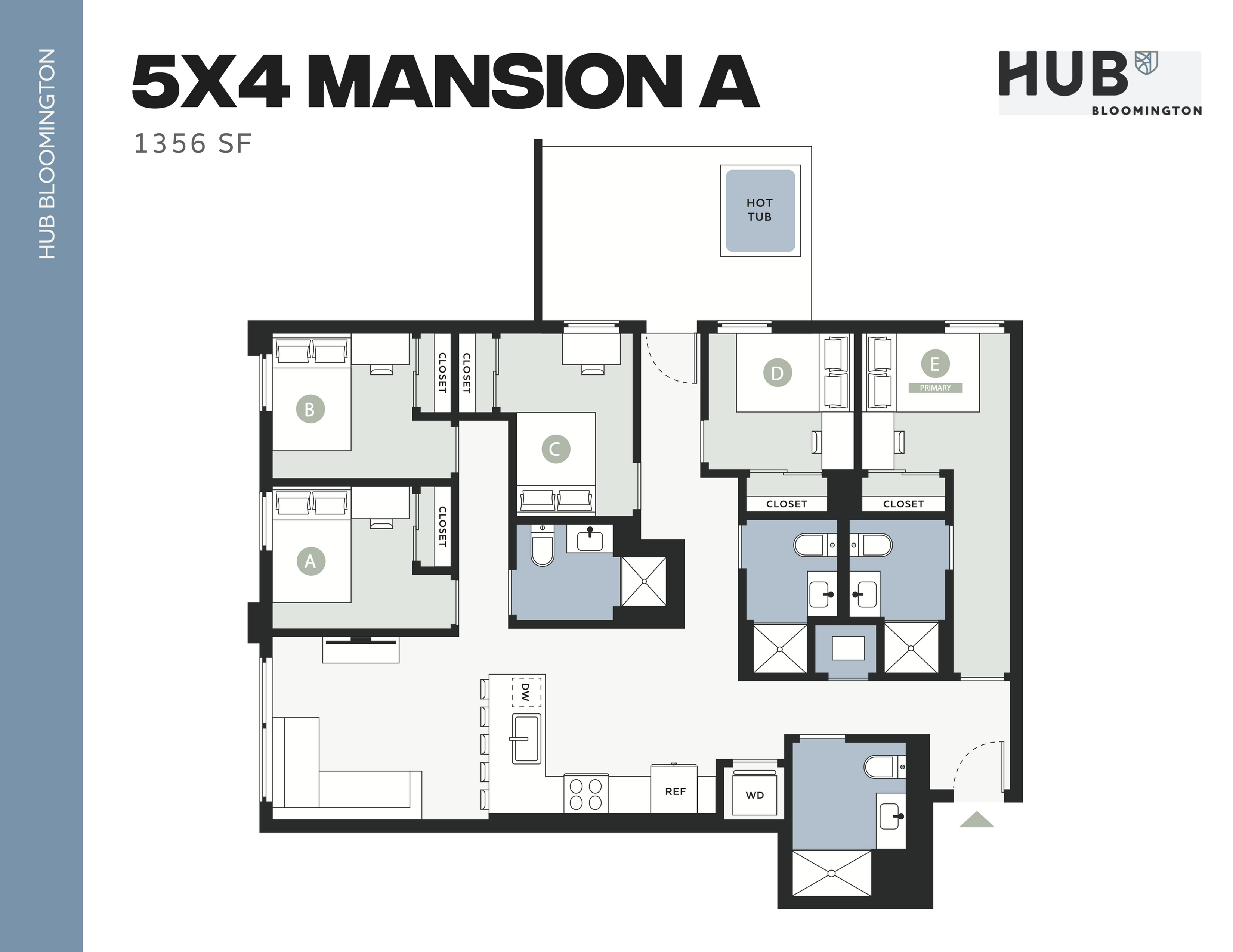 Inviting 5-bedroom floor plan at Hub Bloomington, featuring a spacious living area, modern kitchen, multiple bathrooms, and a hot tub, all within 1356 sq ft.
