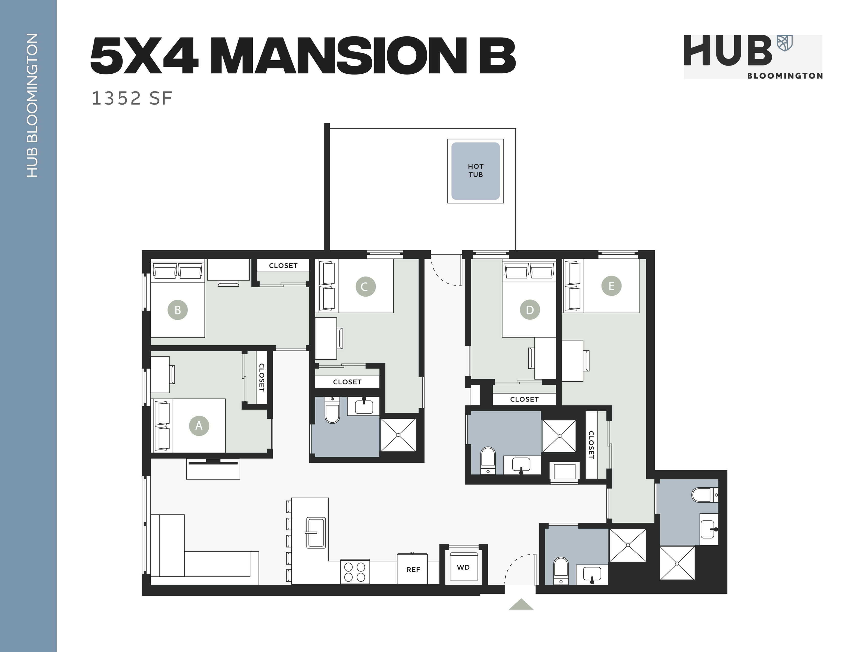 Luxurious 5X4 Mansion B floor plan with 5 bedrooms, modern kitchen, spacious living area, and a private hot tub, spanning 1352 square feet at Hub Bloomington.