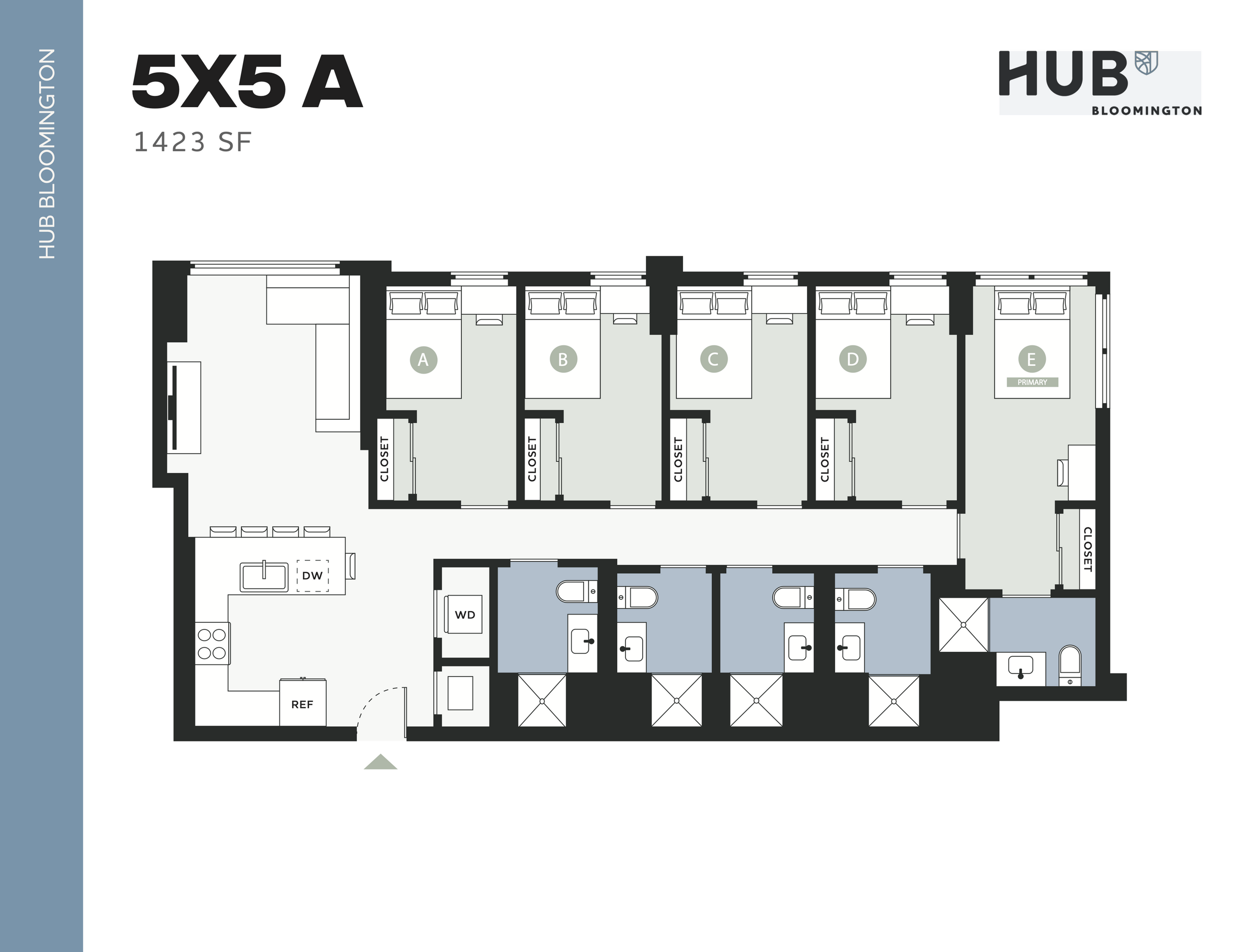 Modern 5X5 A floor plan at Hub Bloomington featuring 5 bedrooms, 1423 sq ft of sleek living space, with a spacious living room and fully-equipped kitchen.