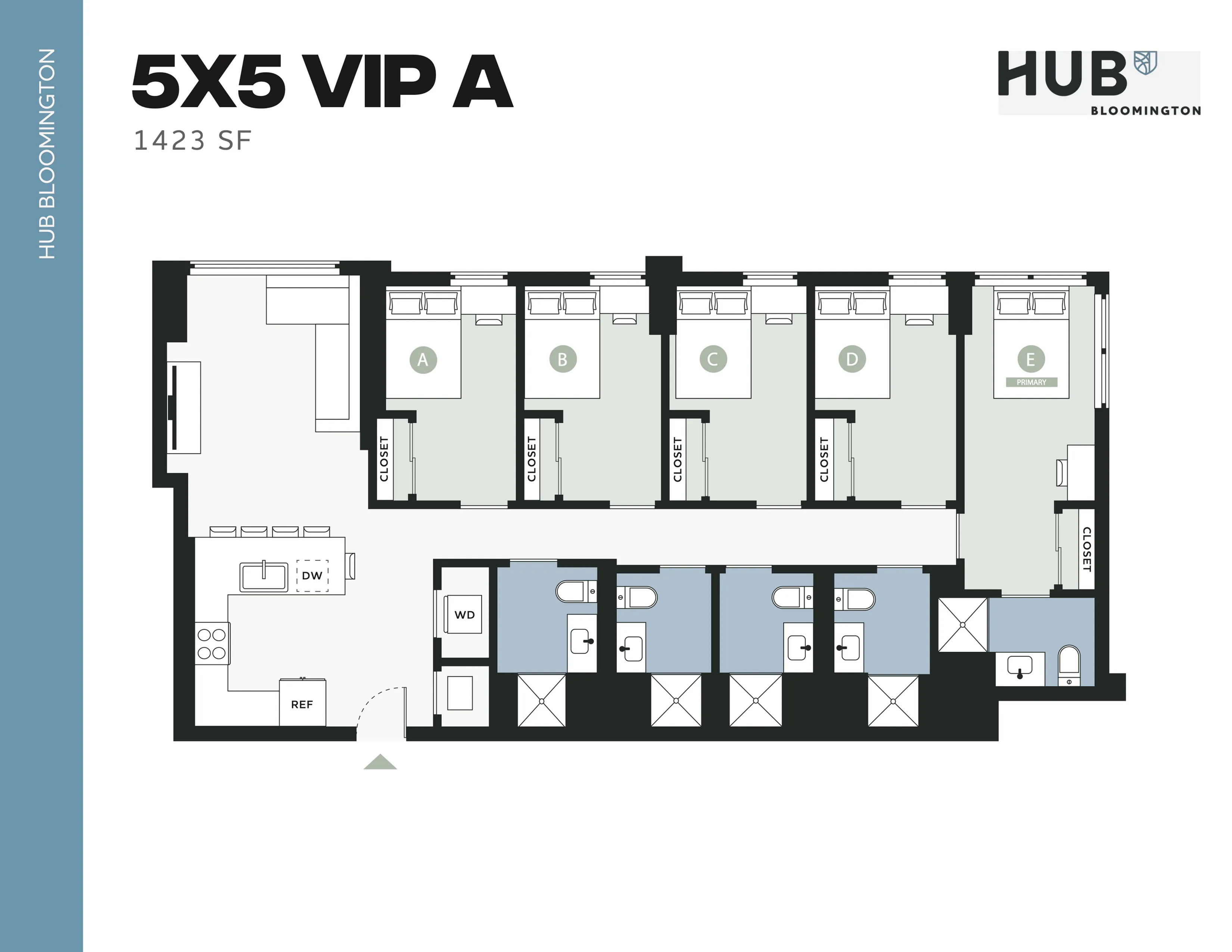 Luxurious 5-bedroom floor plan, 1423 sq ft at HUB Bloomington, featuring spacious living area, modern kitchen, and multiple closets.