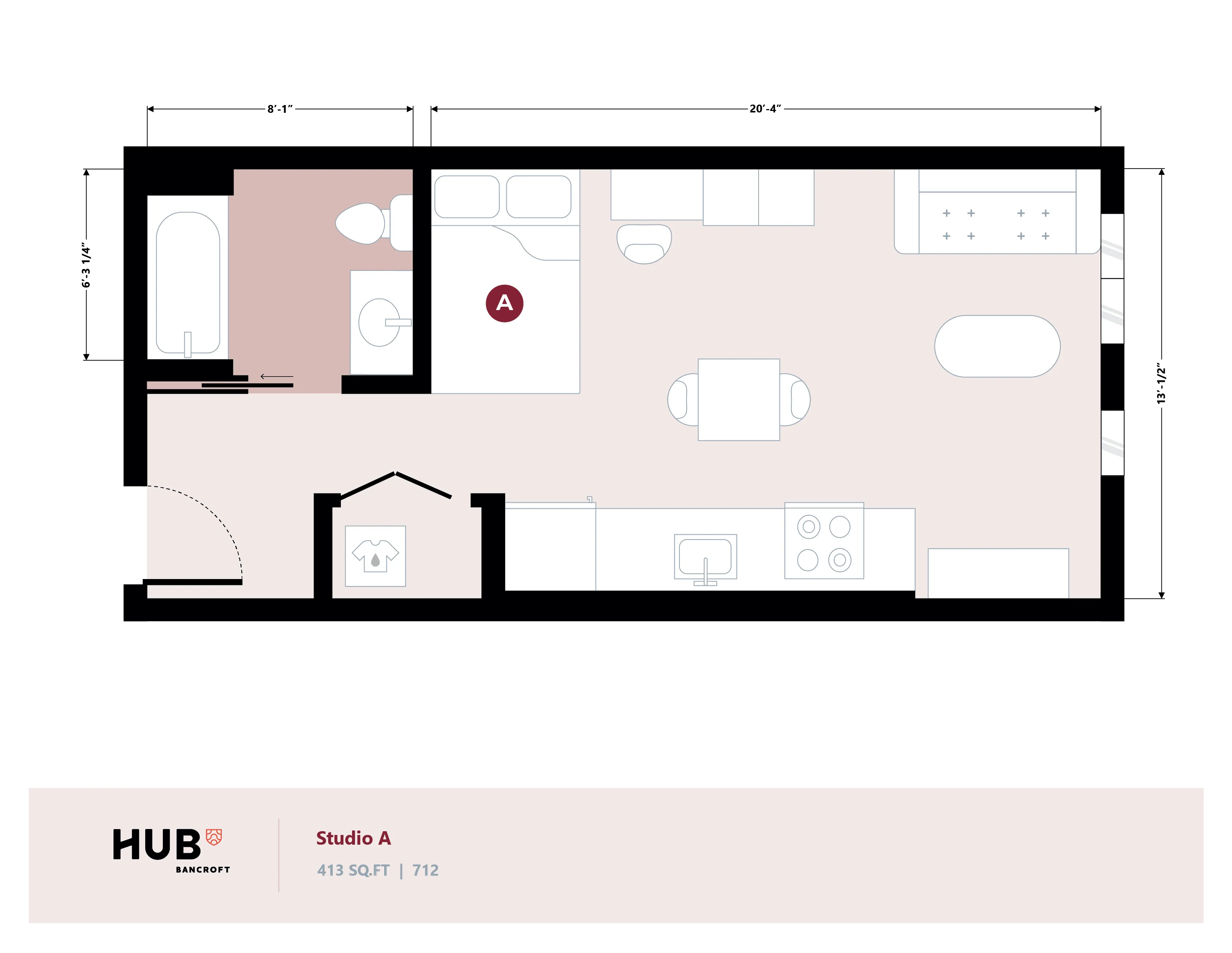 Modern Studio A floor plan at HUB Bancroft, featuring open-concept design with sleeping area, cozy sitting space, efficient kitchen, and well-appointed bathroom, spanning 413 sq ft.
