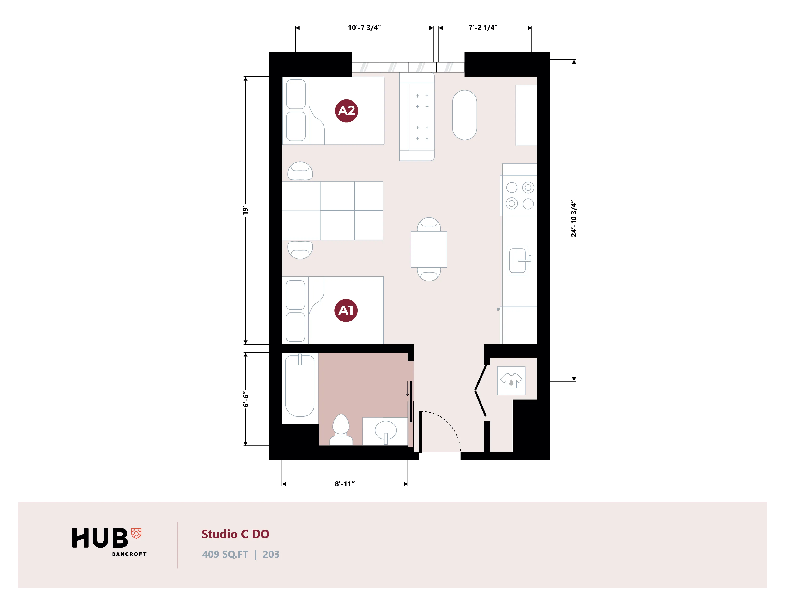 Chic Studio C DO floor plan illustrating a modern open-concept layout with a cozy sleeping area, functional kitchen, and stylish living space in 409 sq ft.