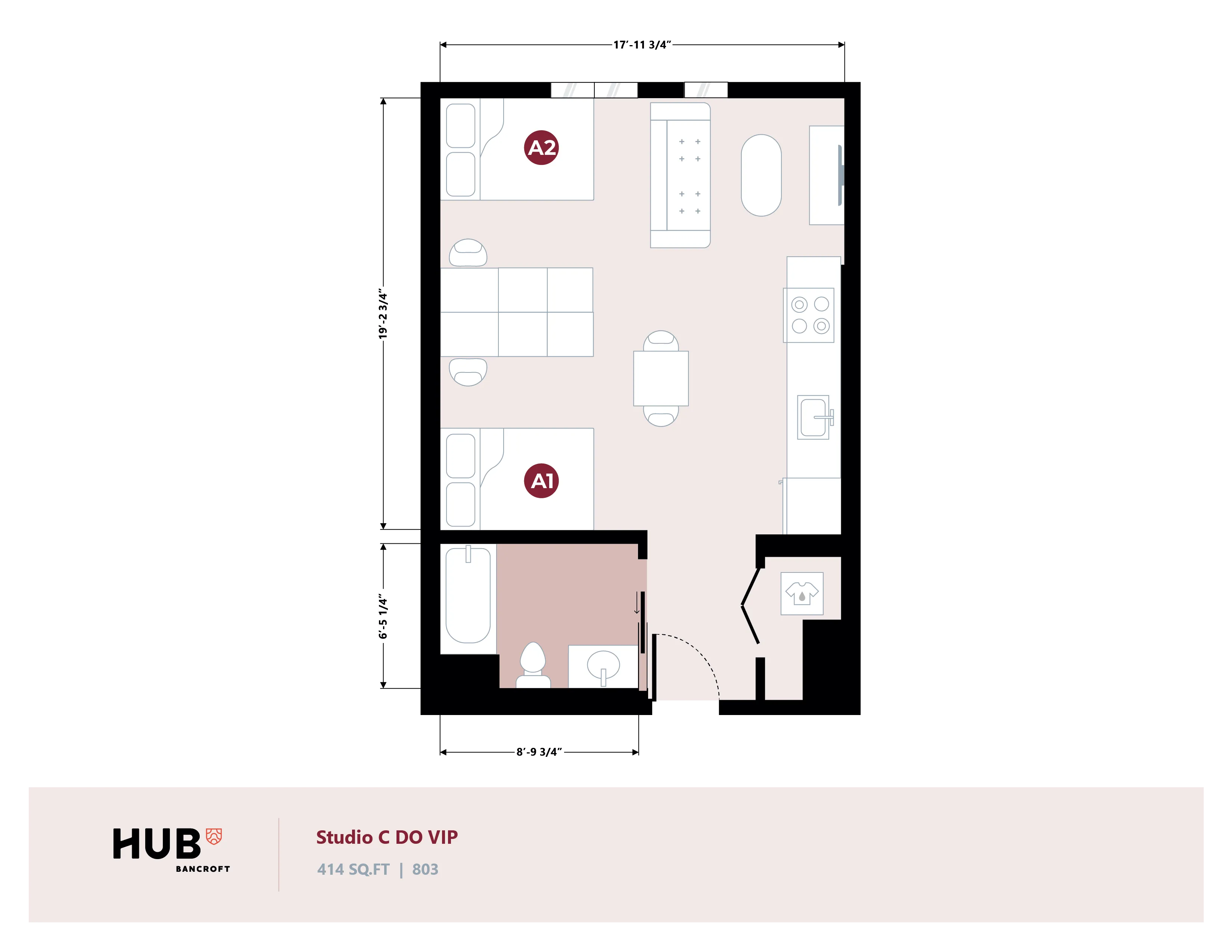 Modern Studio C DO VIP floor plan with open living area, cozy sleeping zone, compact kitchen, and a stylish bathroom. Total 414 sq ft, offering an efficient layout at HUB Bancroft.