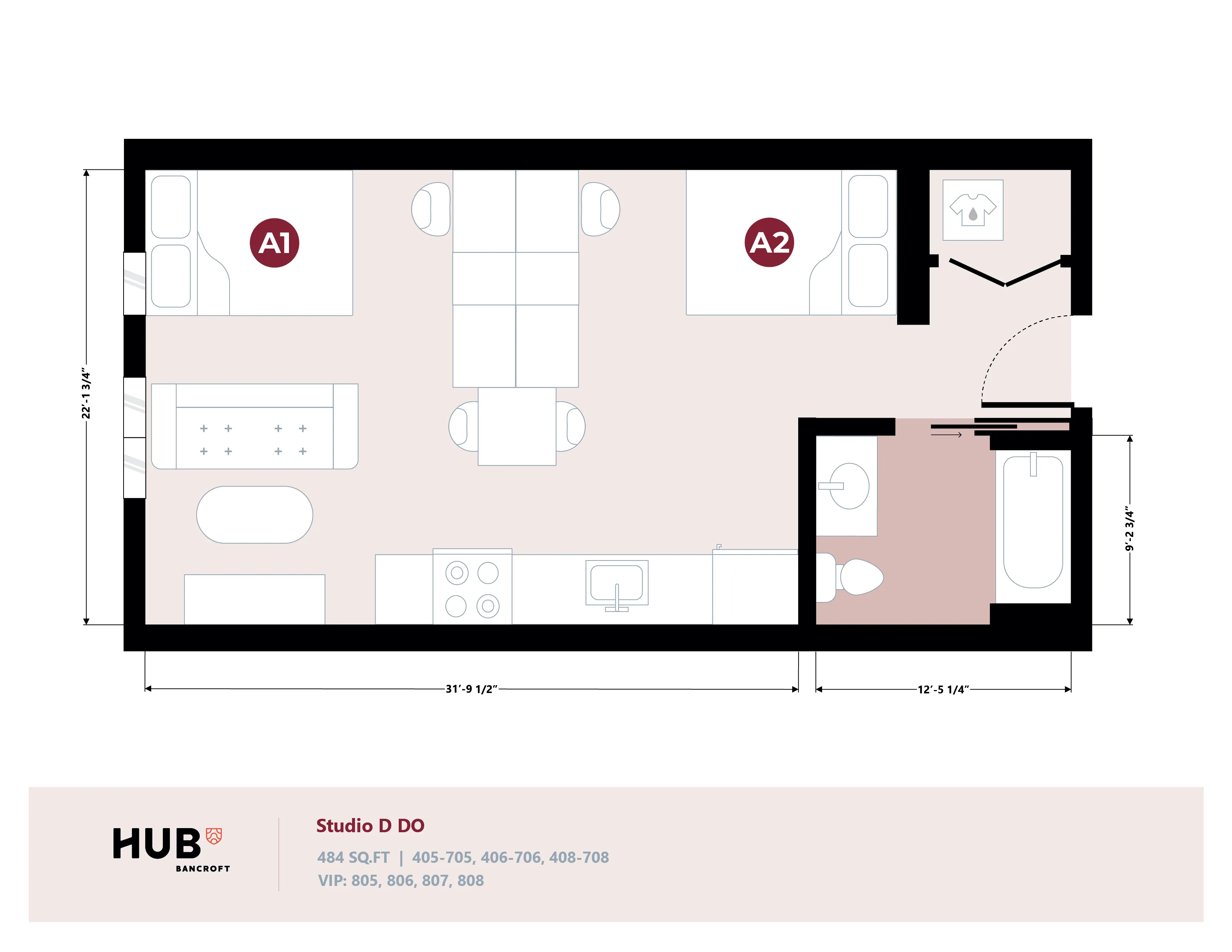 Modern Studio D DO floor plan featuring an open living area with dual sleeping zones, compact kitchen, and private bathroom, offering 484 sq ft of efficient living space.