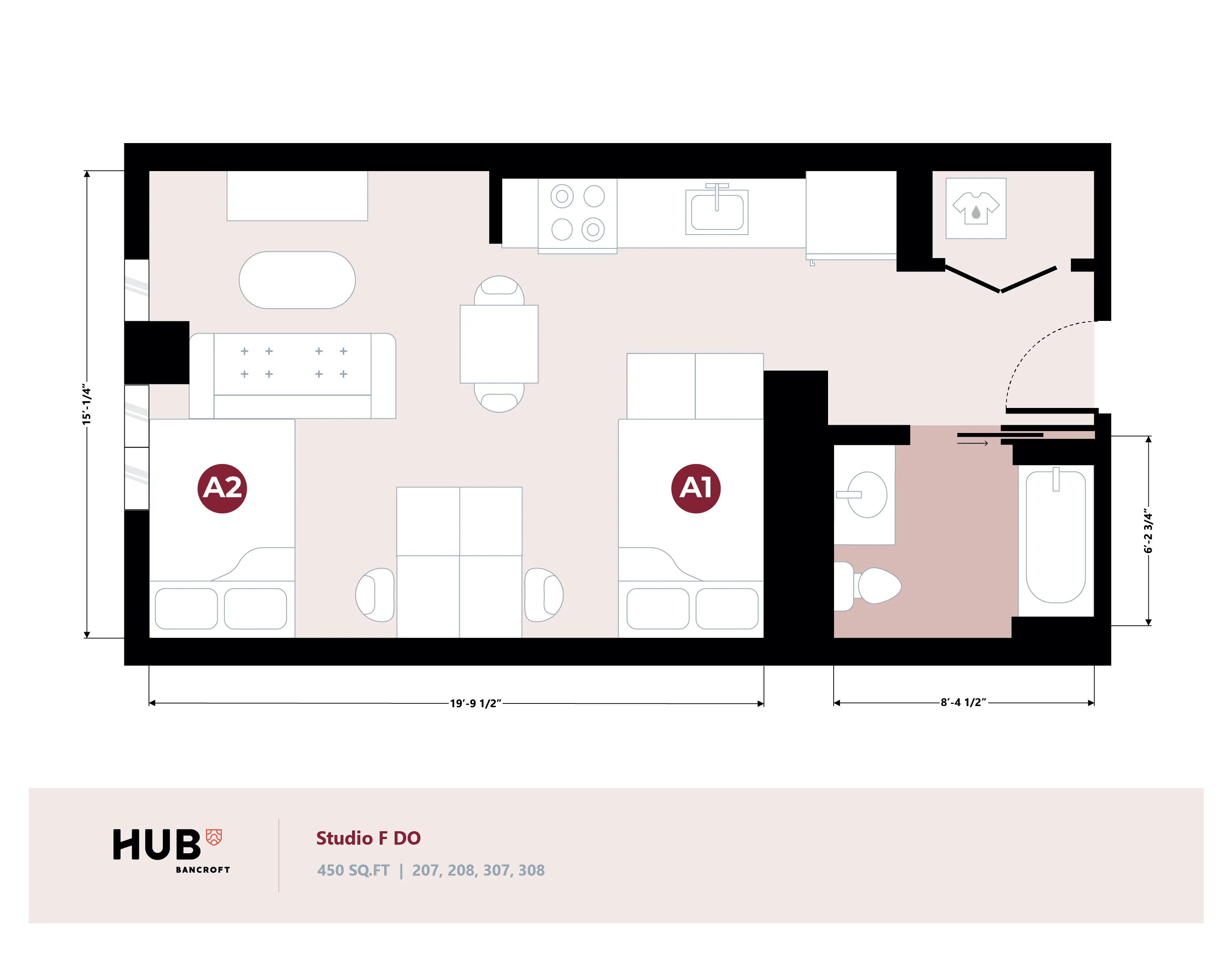 Modern Studio F DO floor plan with open layout featuring two sleeping areas, efficient kitchen, stylish bathroom, and cozy living space, totaling 450 sq ft at HUB Bancroft.