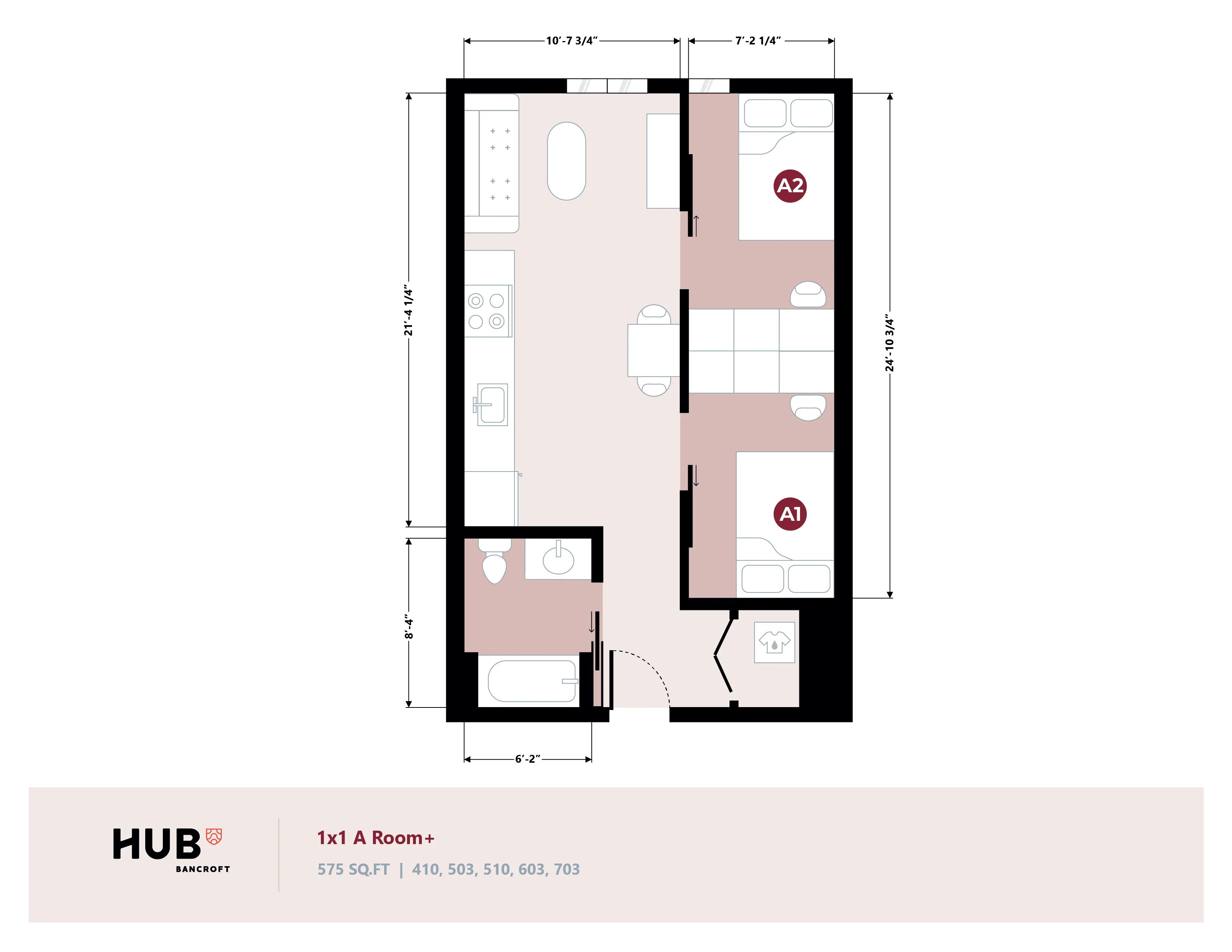 Modern 1x1 A Room floor plan with two cozy bedrooms, a sleek kitchen, and a comfortable living area, totaling 575 sq ft at HUB Bancroft.