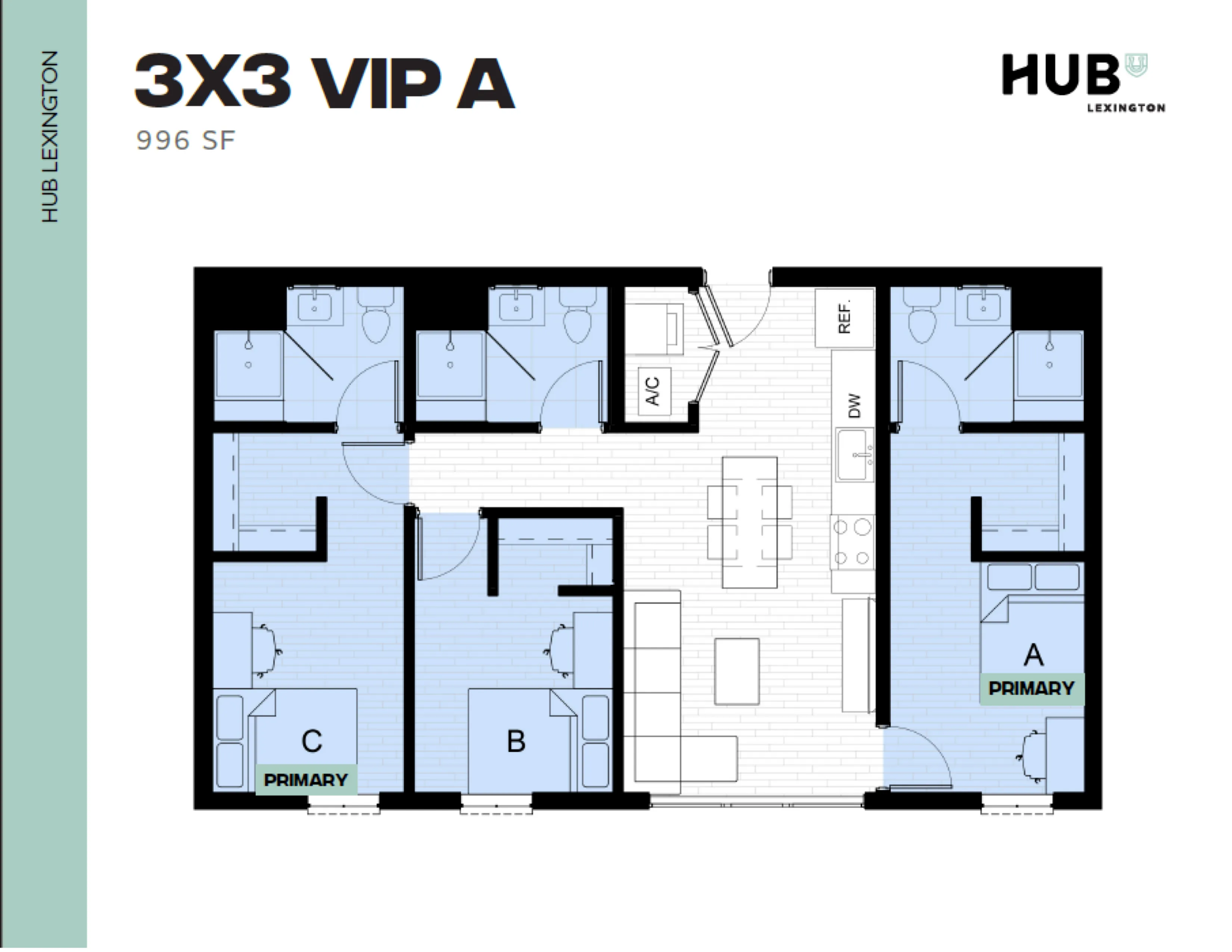 Modern 3x3 VIP A floor plan featuring three bedrooms, spacious living area, and sleek kitchen, covering 996 sq ft.