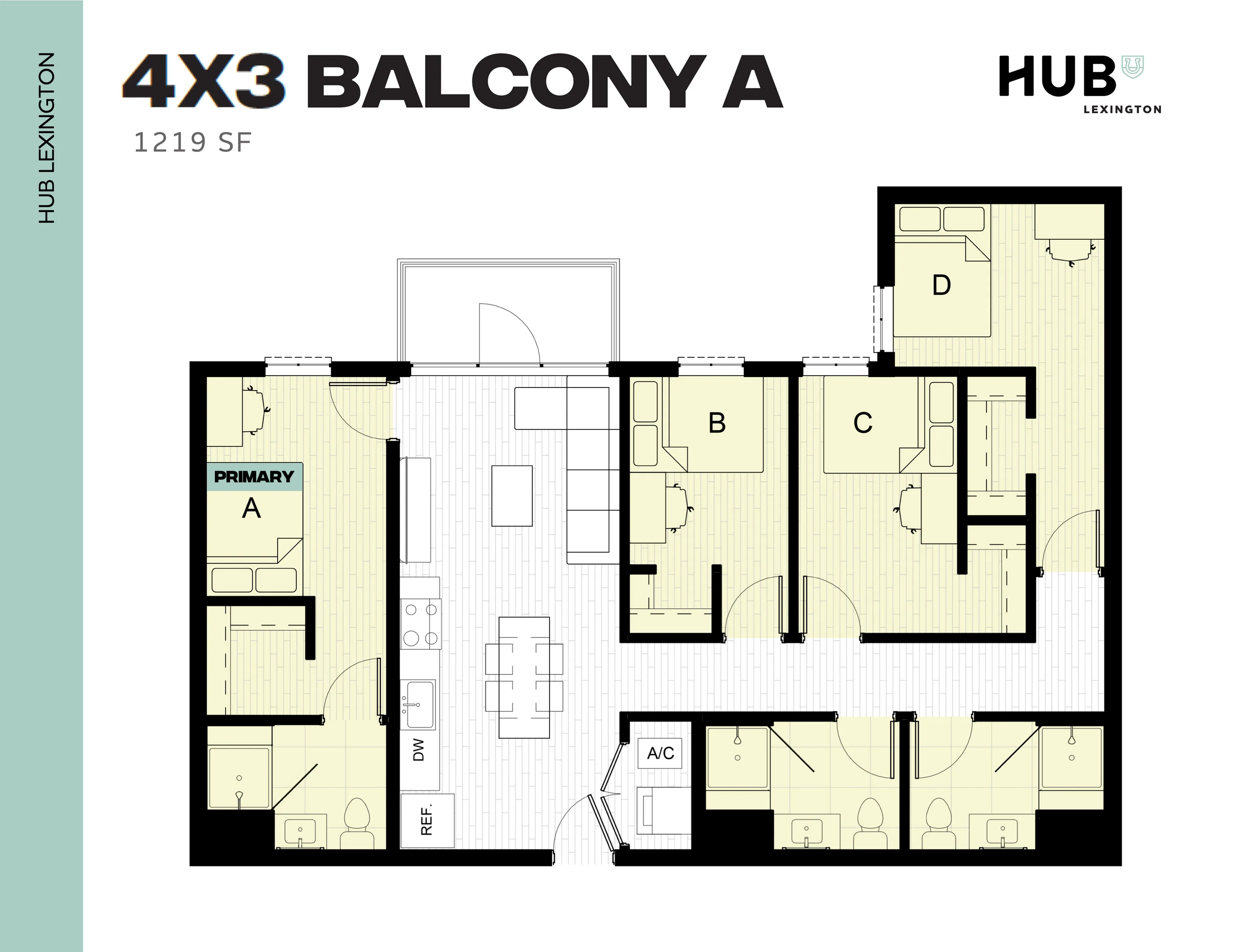 4X3 Balcony A floor plan with 4 bedrooms, a modern open living space, and spacious balcony, 1219 SF.
