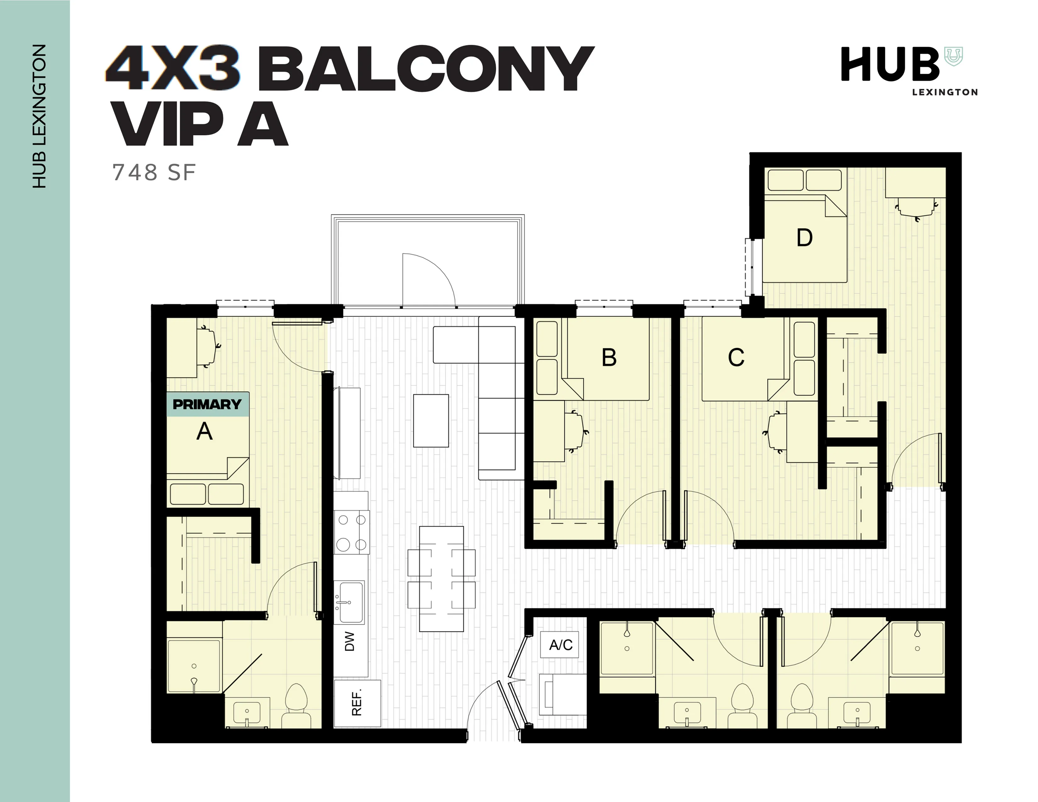 Modern 4-bedroom VIP apartment floor plan with spacious balcony, open living area, and well-designed layout at Hub Lexington, 748 sq ft.