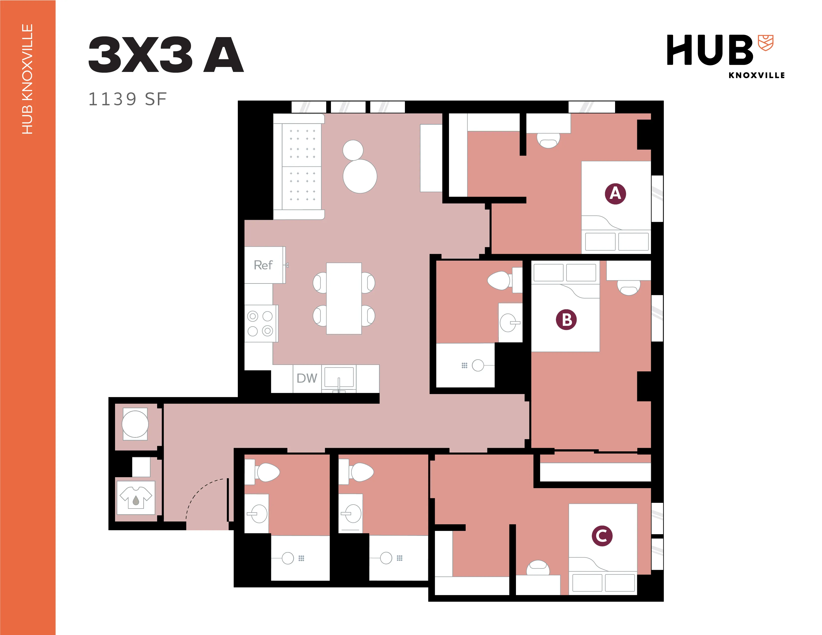 Efficient floor plan of Hub Knoxville featuring 3 bedrooms and 3 bathrooms with spacious layout in 1139 sq ft.
