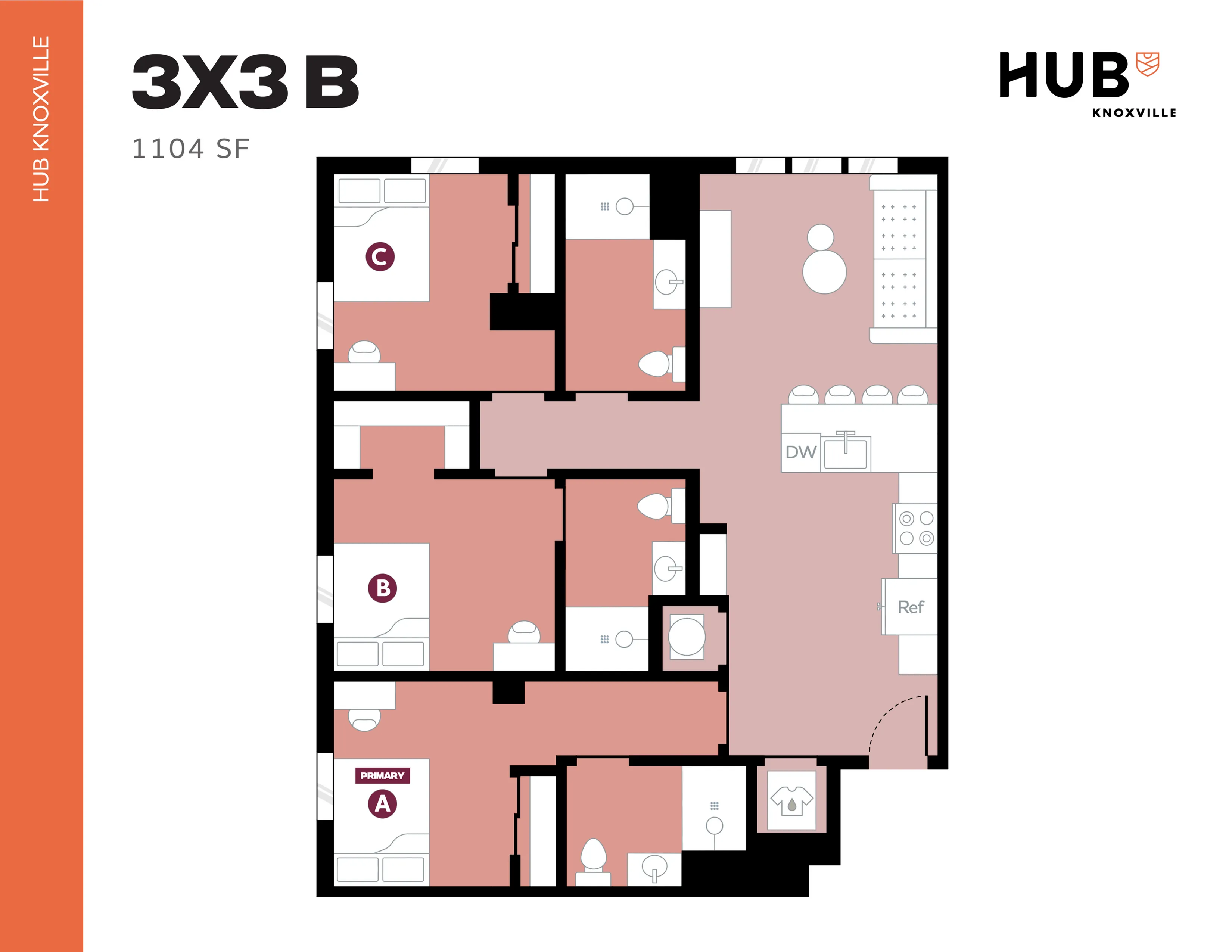 Modern 3-bedroom apartment floor plan with three bathrooms, spacious open living area, and sleek kitchen, totaling 1104 square feet at HUB Knoxville.