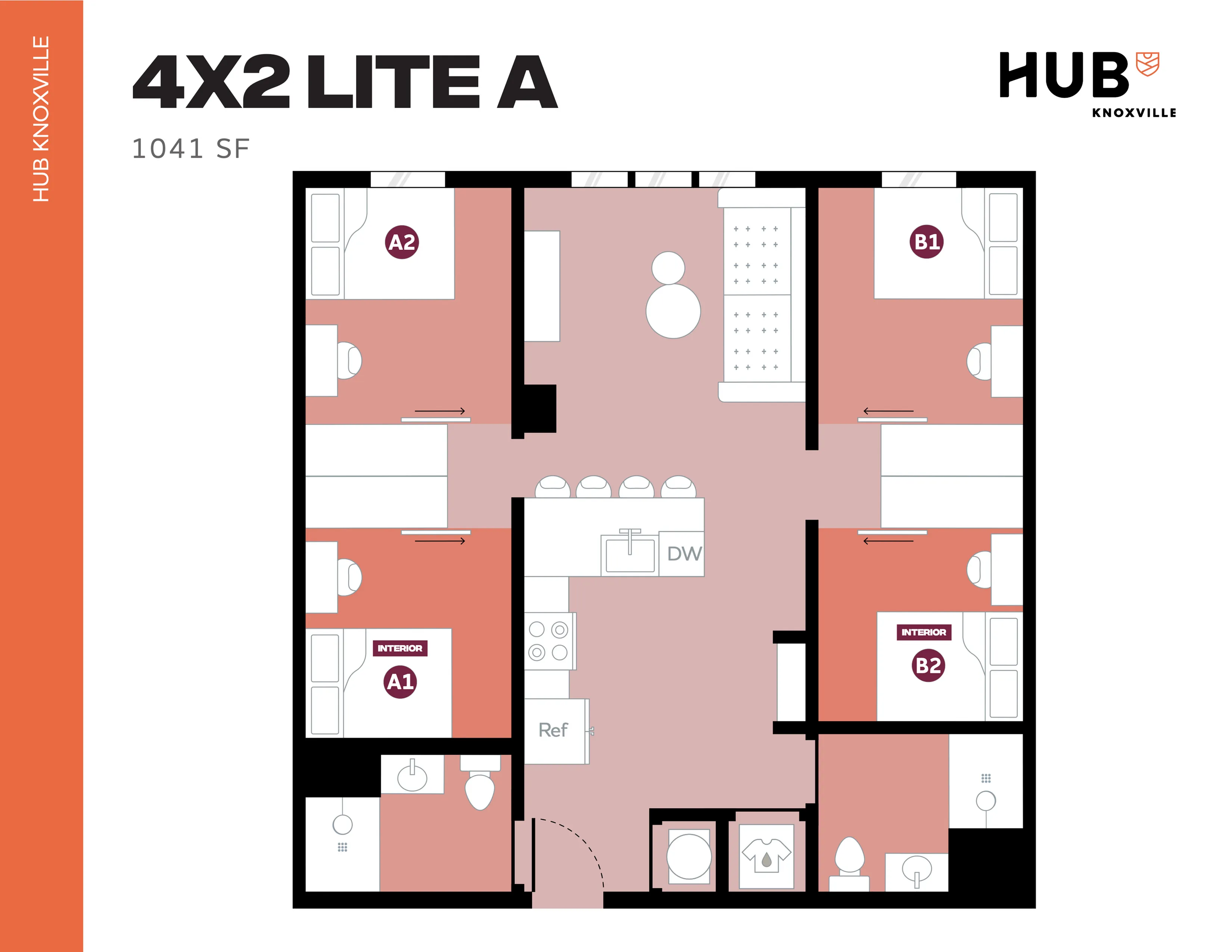 Modern 4X2 Lite A floor plan offering 4 bedrooms and 2 bathrooms with a spacious layout of 1041 SF at Hub Knoxville.