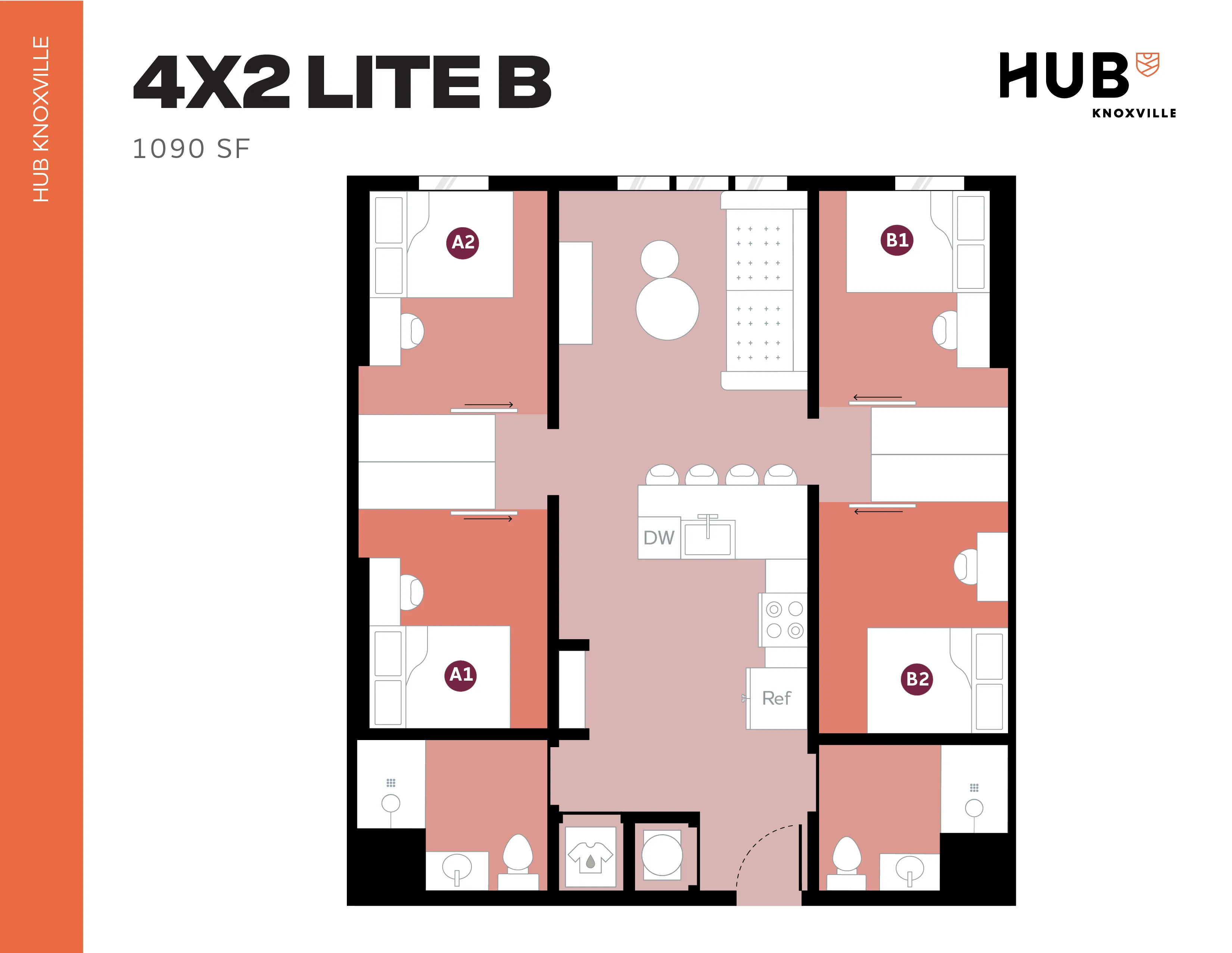 Contemporary 4-bedroom apartment floor plan showcasing spacious living and dining area with modern kitchen in Hub Knoxville, 1090 sq ft.