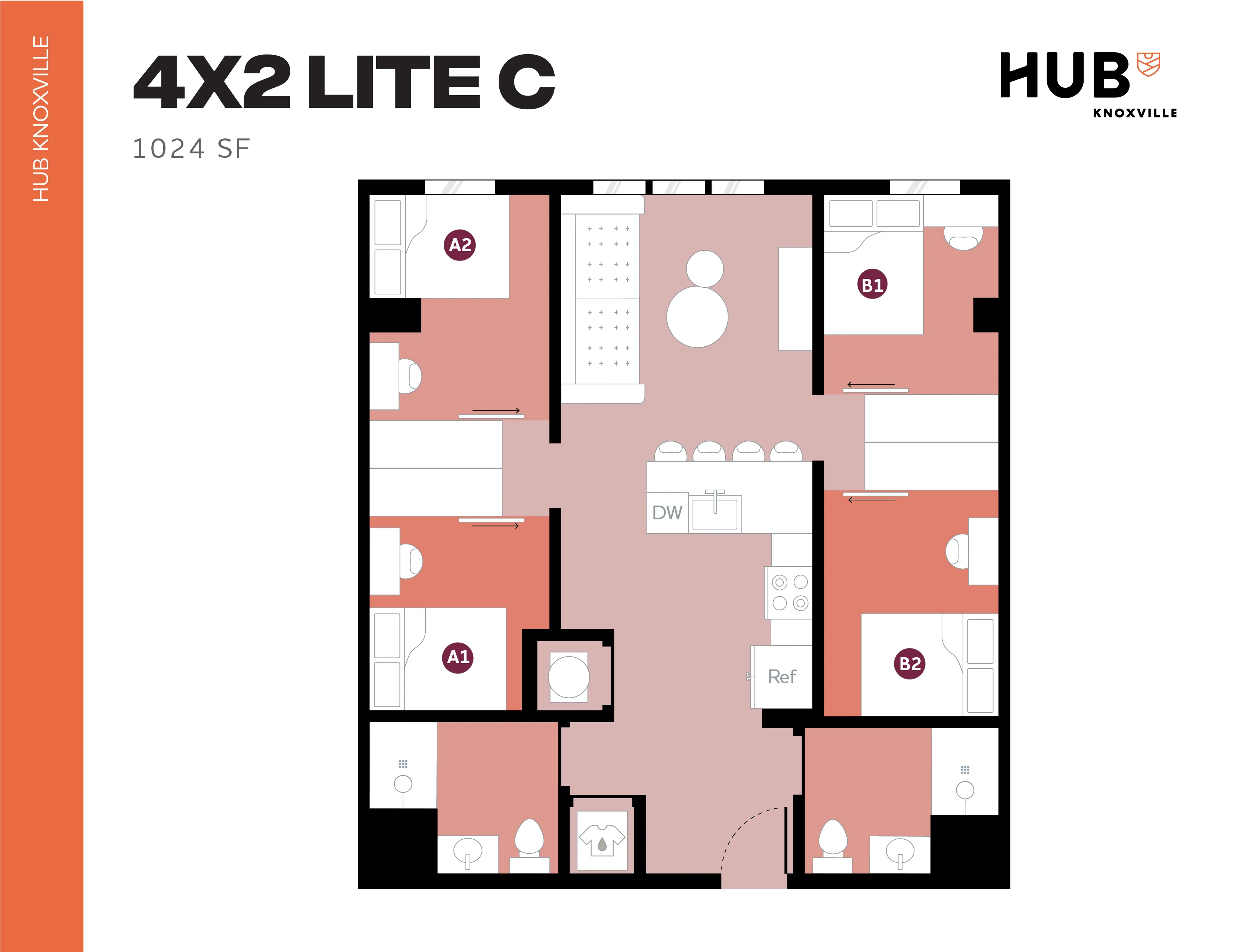 Modern 4x2 floor plan at Hub Knoxville featuring 4 bedrooms and 2 bathrooms in a spacious 1024 sq ft layout, highlighting an open-concept kitchen and living area.