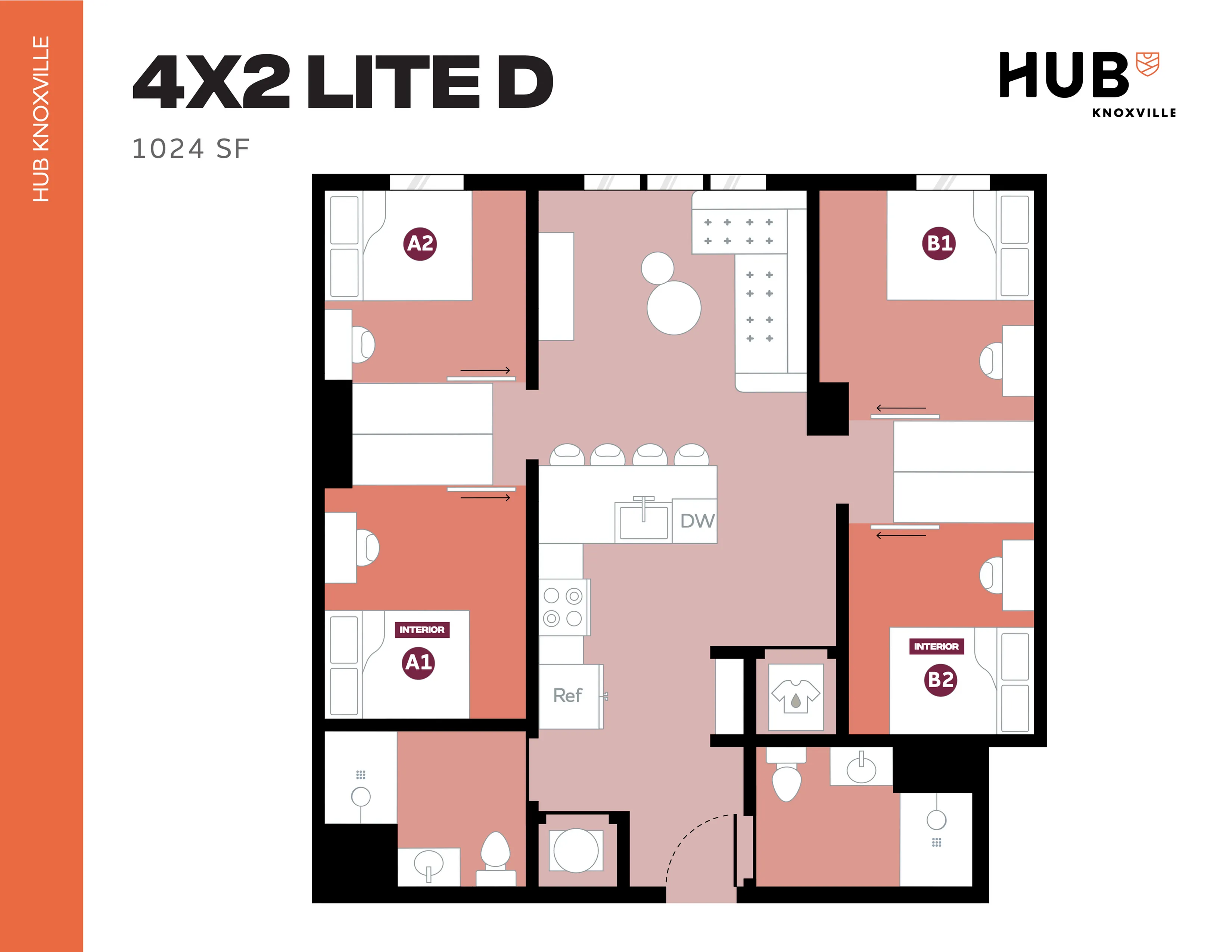 4X2 Lite D floor plan with 1024 sq ft featuring four bedrooms, two bathrooms, and an open kitchen with living space at HUB Knoxville.
