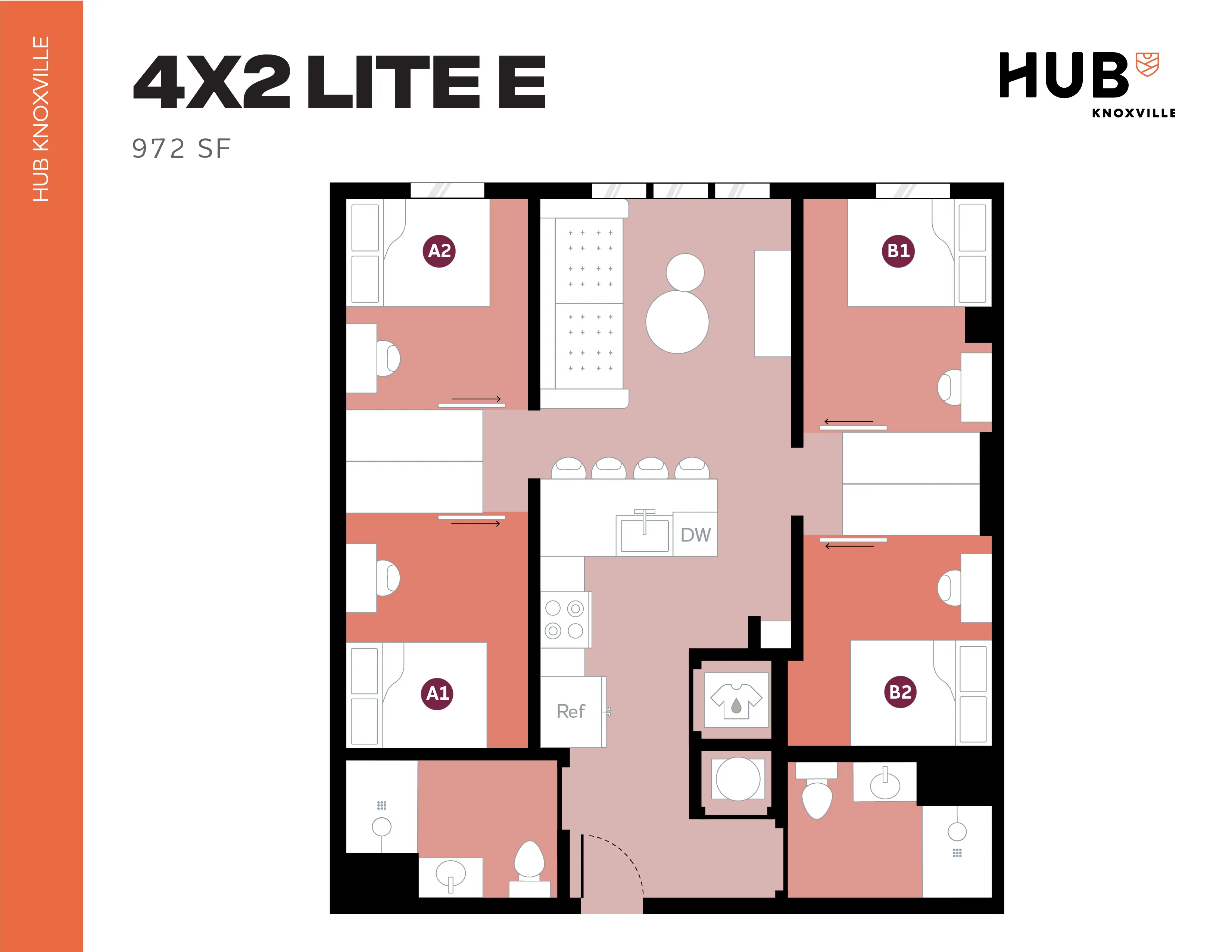 Modern floor plan of 4x2 Lite E layout at HUB Knoxville, featuring four bedrooms, a well-equipped kitchen, and shared living spaces within 972 sq ft.