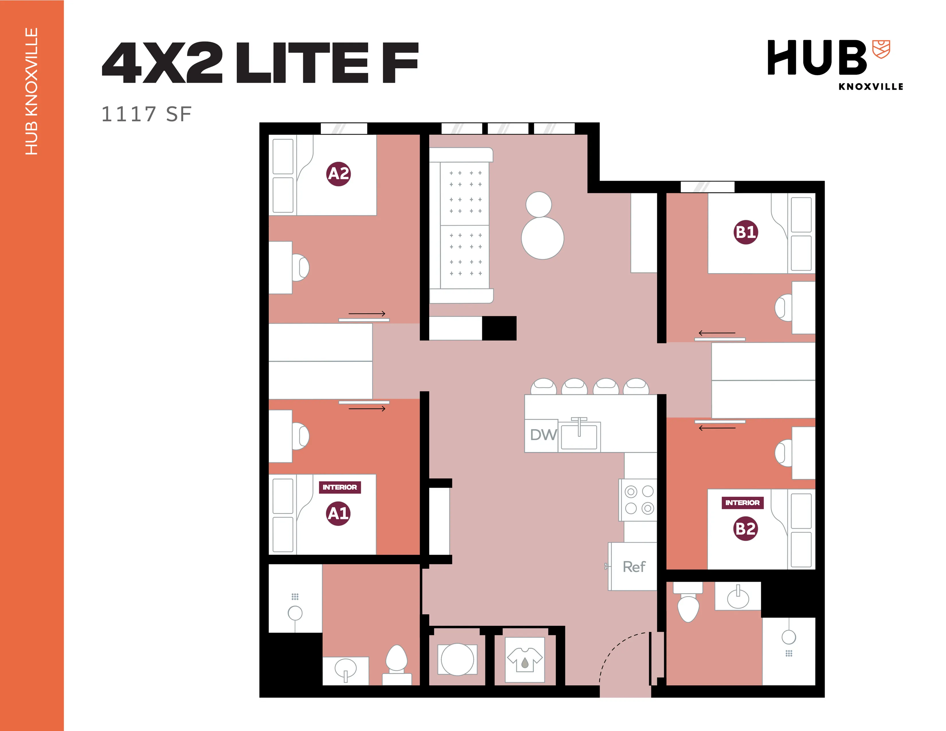 Modern 4X2 Lite F floor plan from HUB Knoxville featuring 4 spacious bedrooms, 2 stylish bathrooms, a sleek kitchen with island, and an inviting living area, totaling 1117 sq ft.