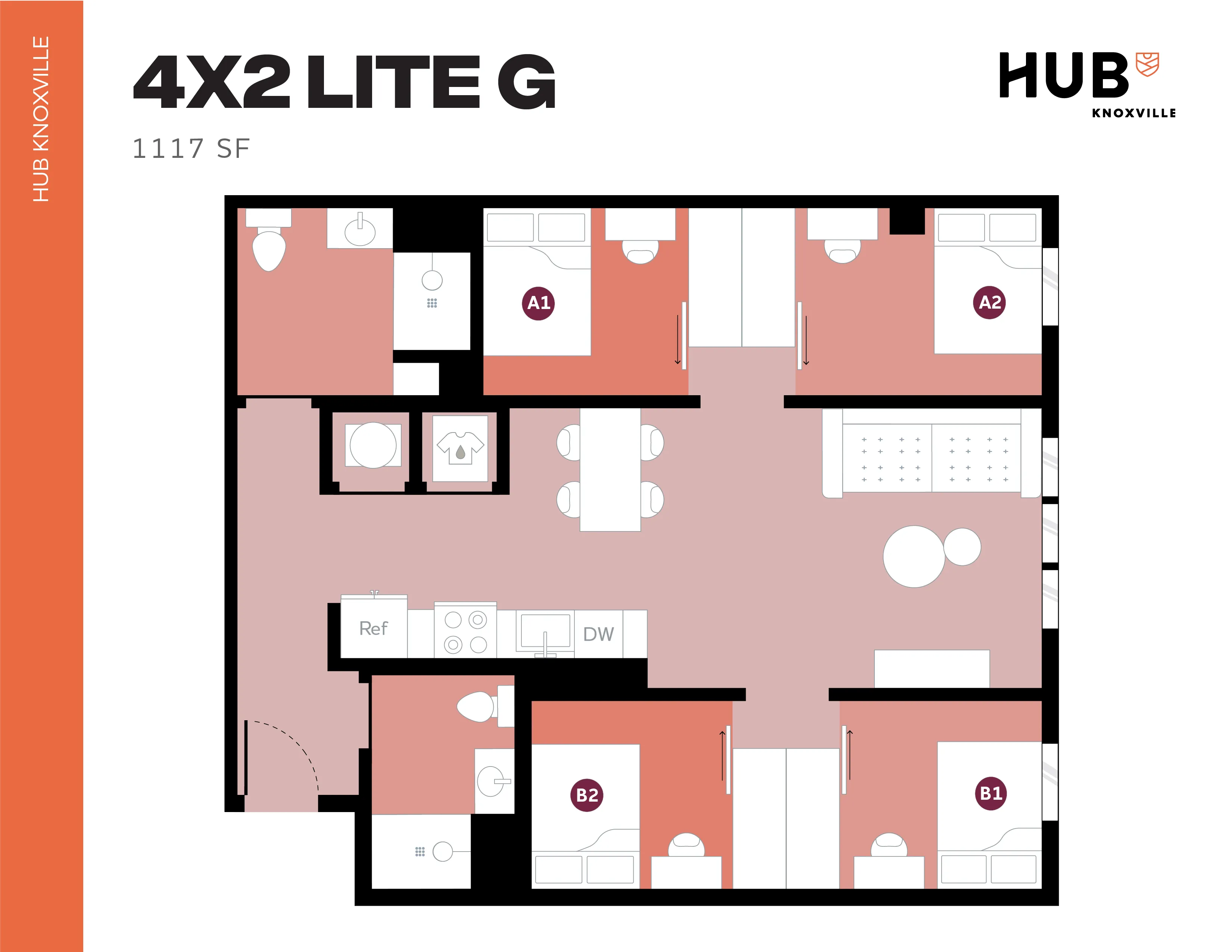 Modern 4X2 Floor plan at Hub Knoxville featuring 4 bedrooms, spacious living area, and updated kitchen, measuring 1117 sq ft.
