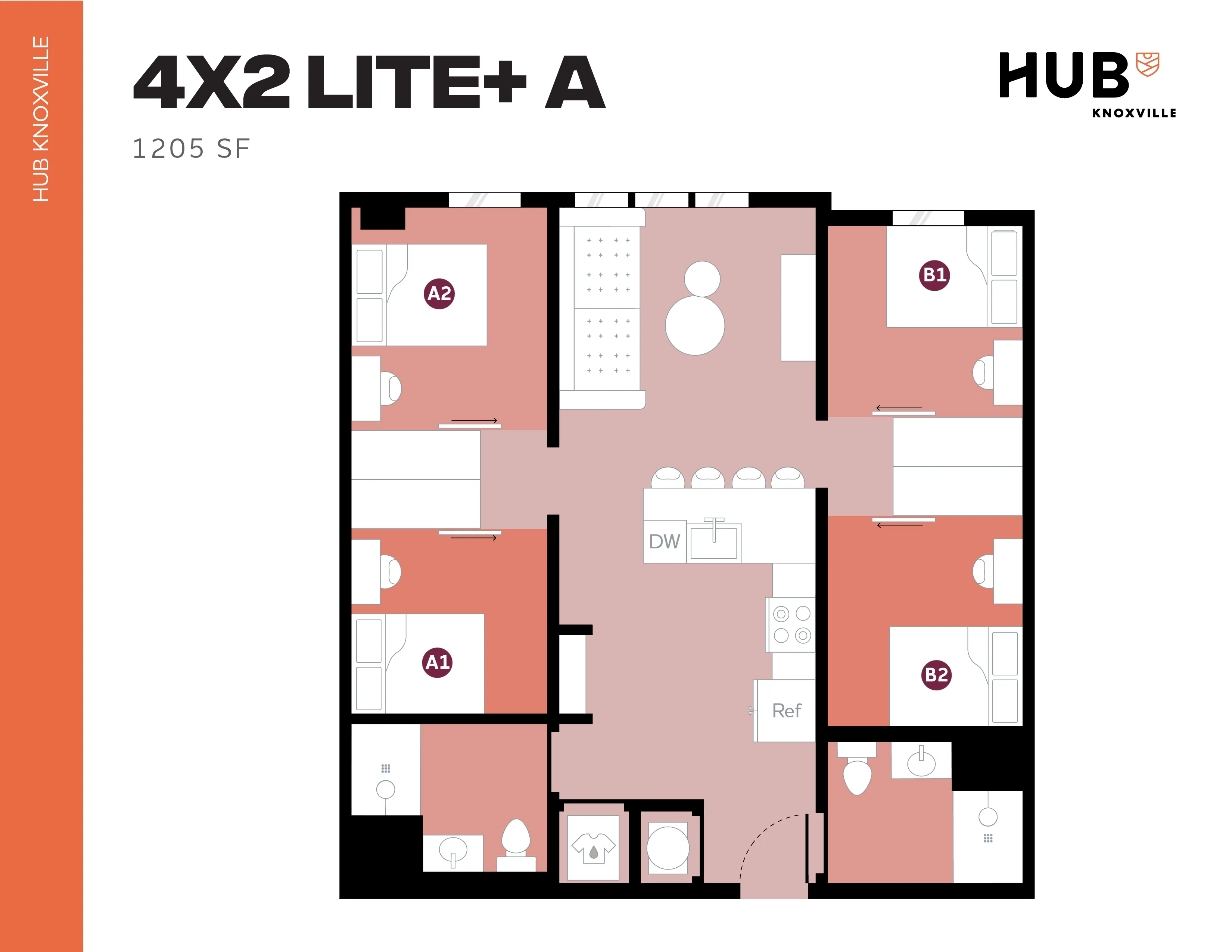 Spacious floor plan of Hub Knoxville 4X2 Lite+ A layout featuring four bedrooms, a modern kitchen, and comfortable living space, 1205 sq ft.