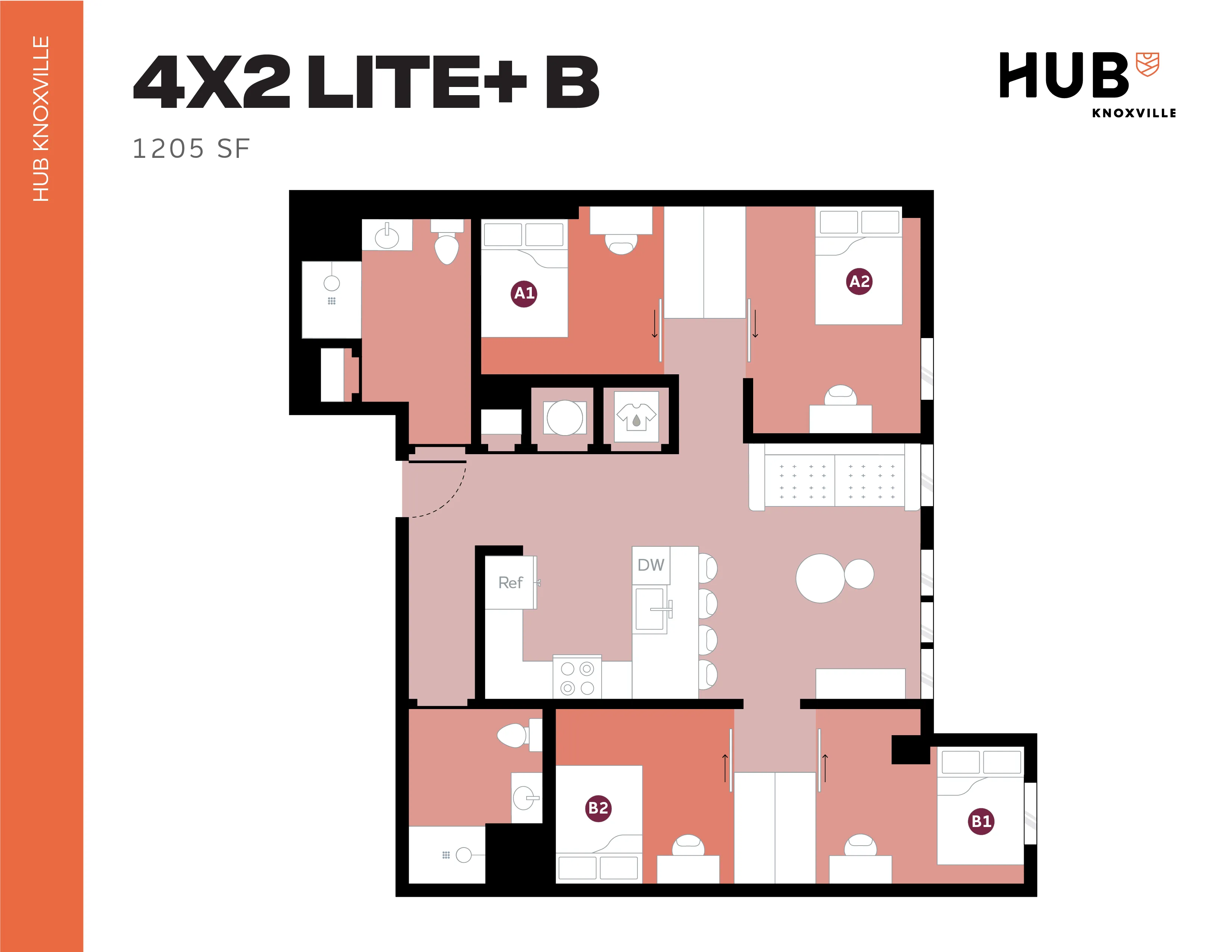 Modern 4X2 Lite+ B floor plan with 4 bedrooms, open kitchen, and cozy living area, totaling 1205 sq ft at Hub Knoxville.