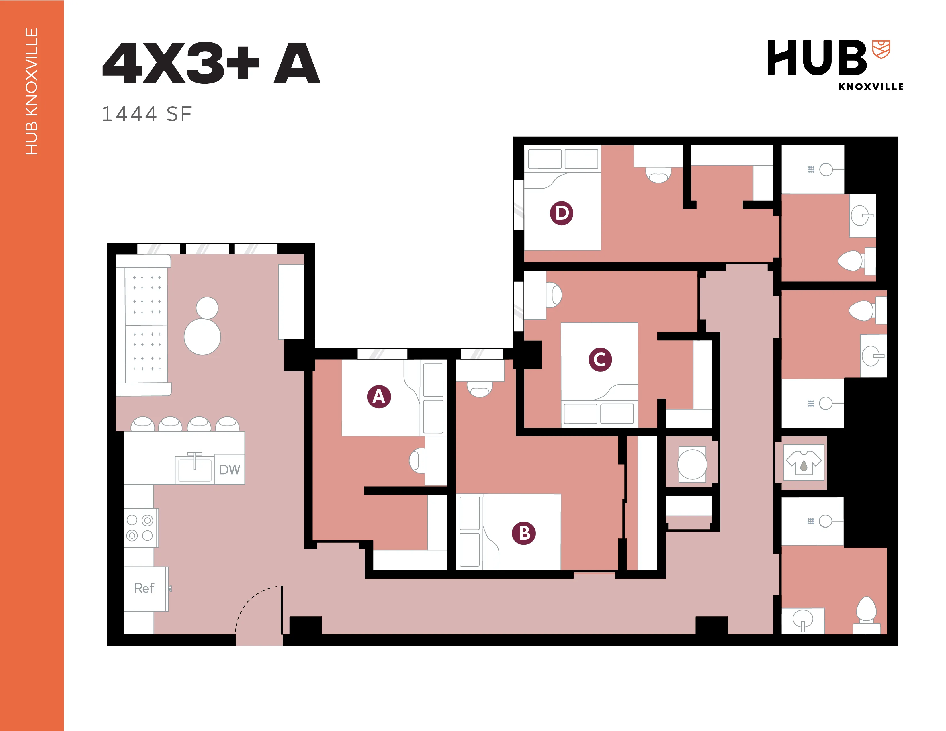 Luxurious 4-bedroom floor plan with open-concept kitchen and living area, featuring three modern bathrooms at Hub Knoxville, 1444 sq ft.